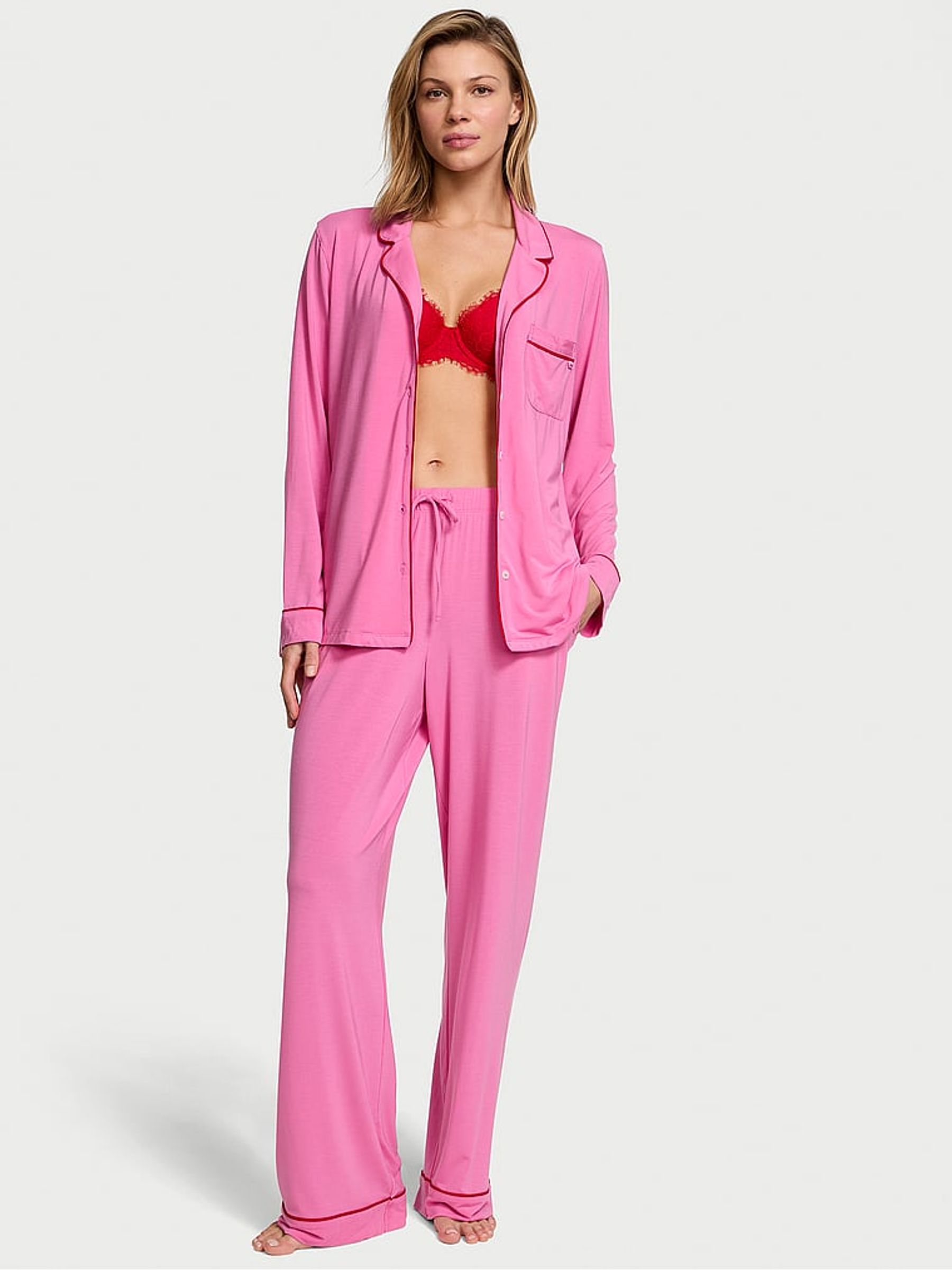 New Peony W Lipstick Piping Pink Modal Long Pyjama Set