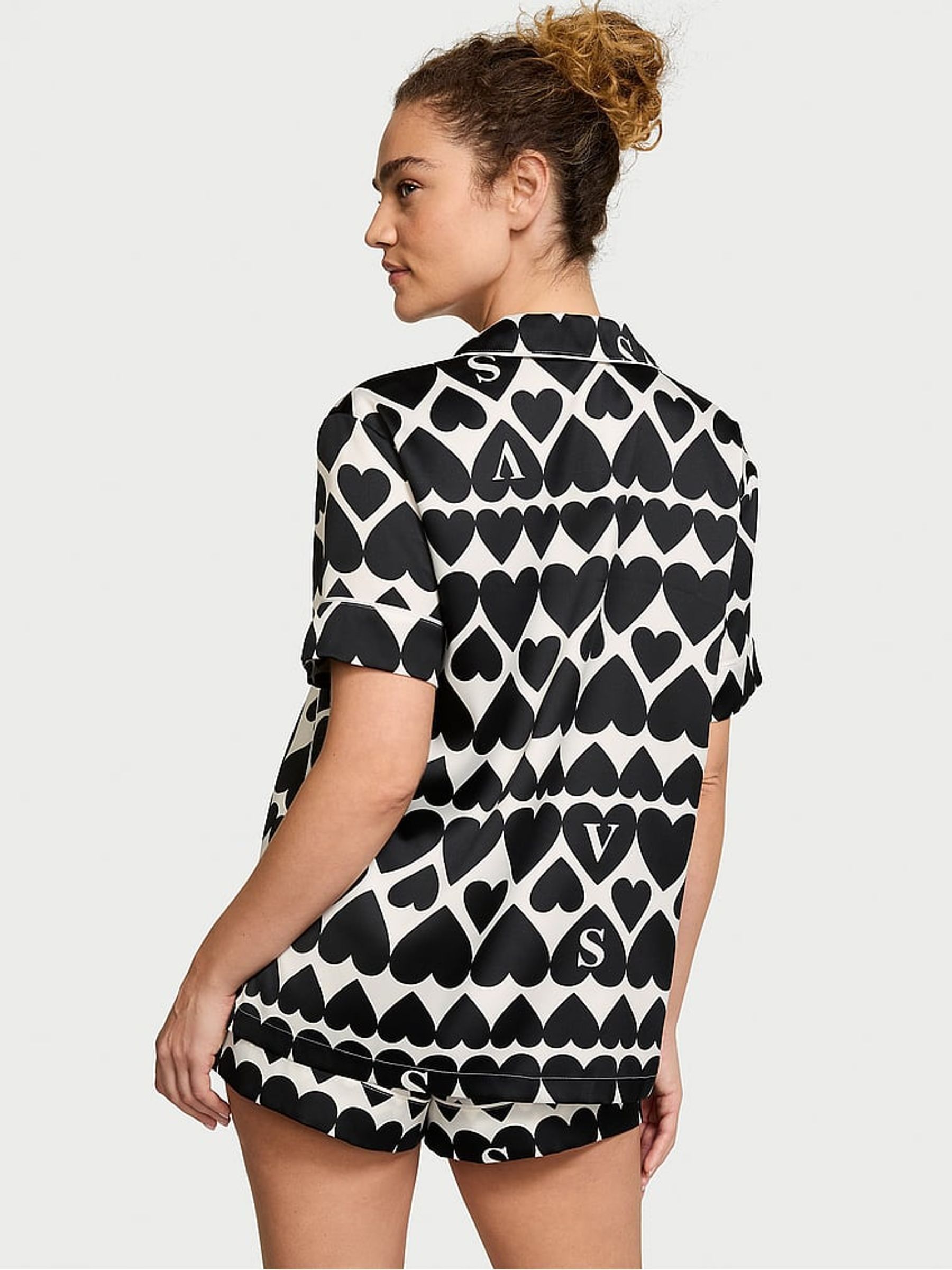 Coconut White & Black Hearts Satin Short Pyjama Set - Image 2 of 4