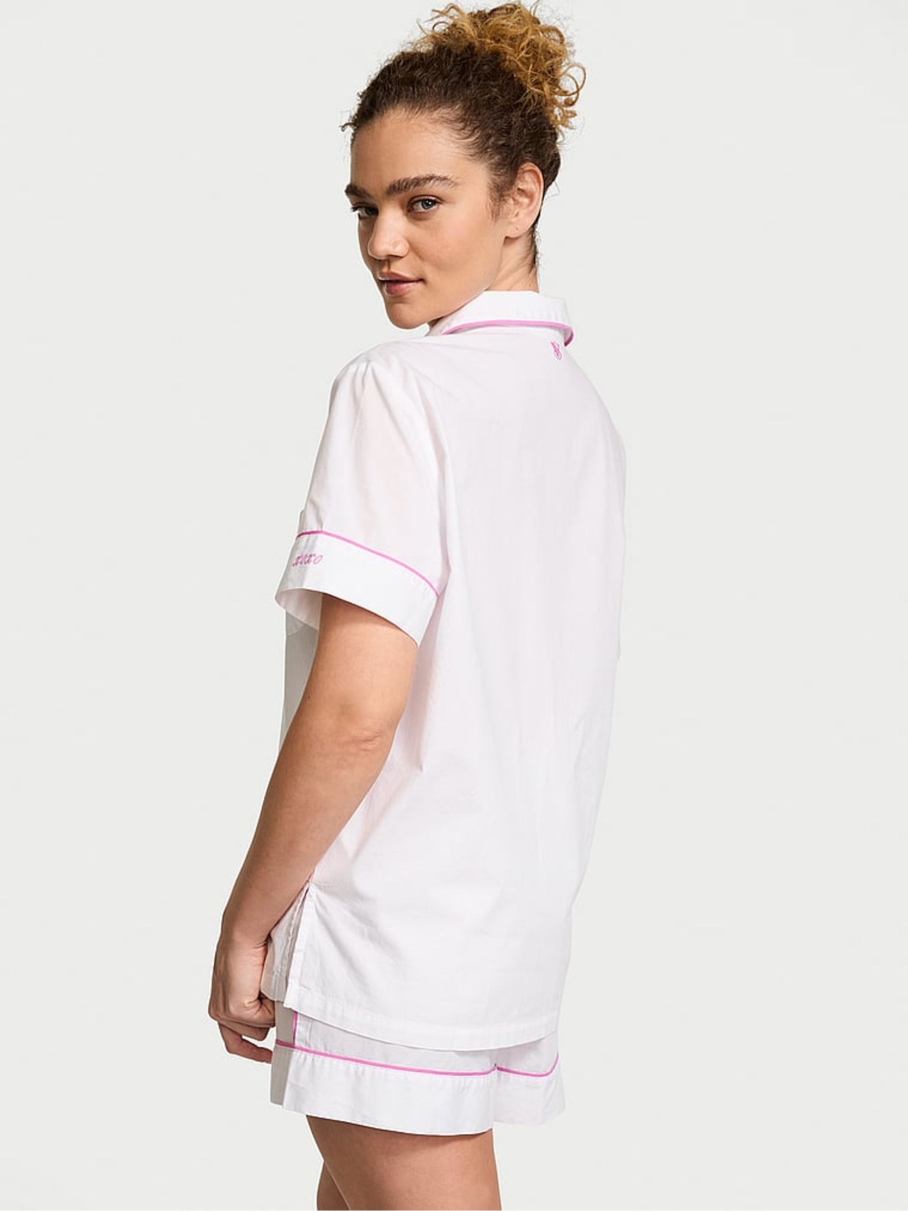 White / New Peony Pink Piping Cotton Short Pyjama Set - Image 2 of 3