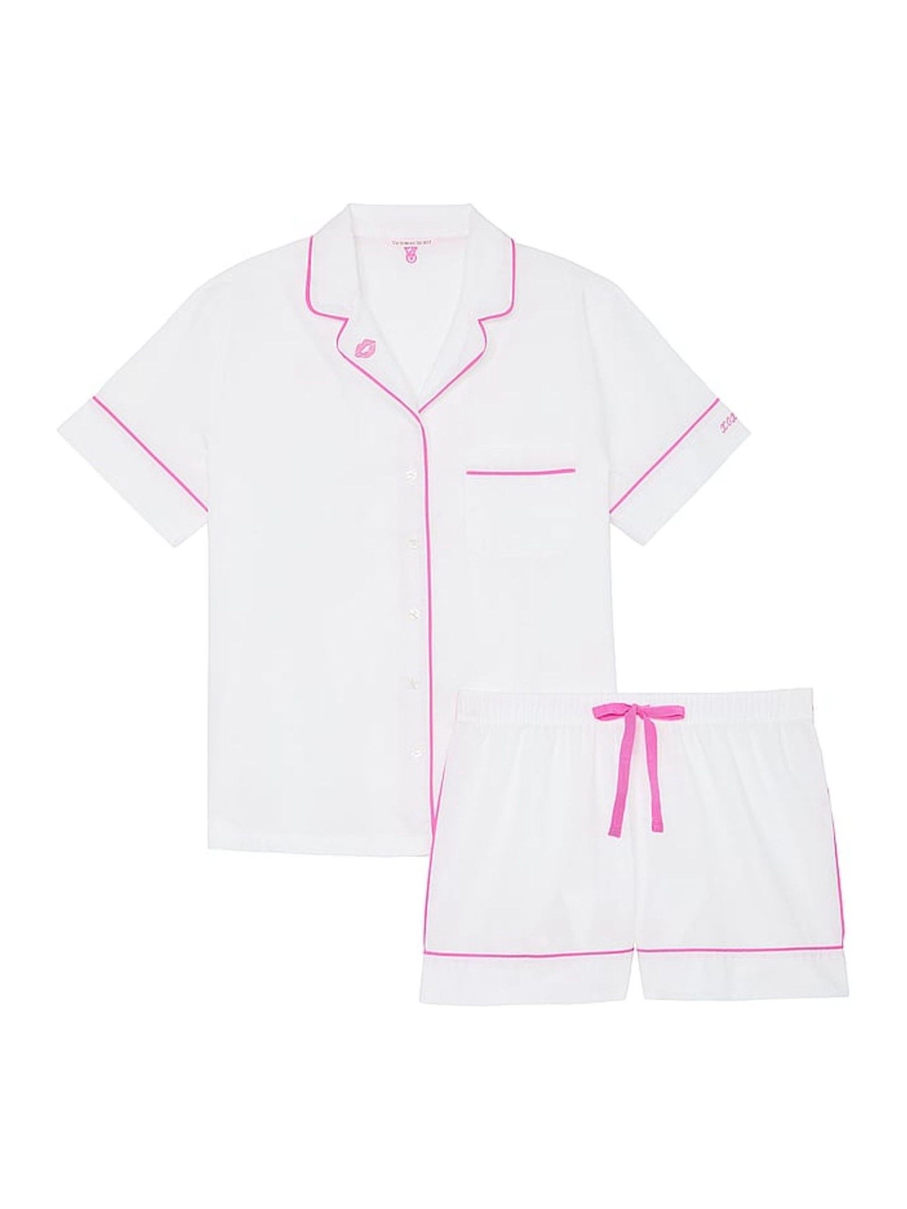 White / New Peony Pink Piping Cotton Short Pyjama Set - Image 3 of 3