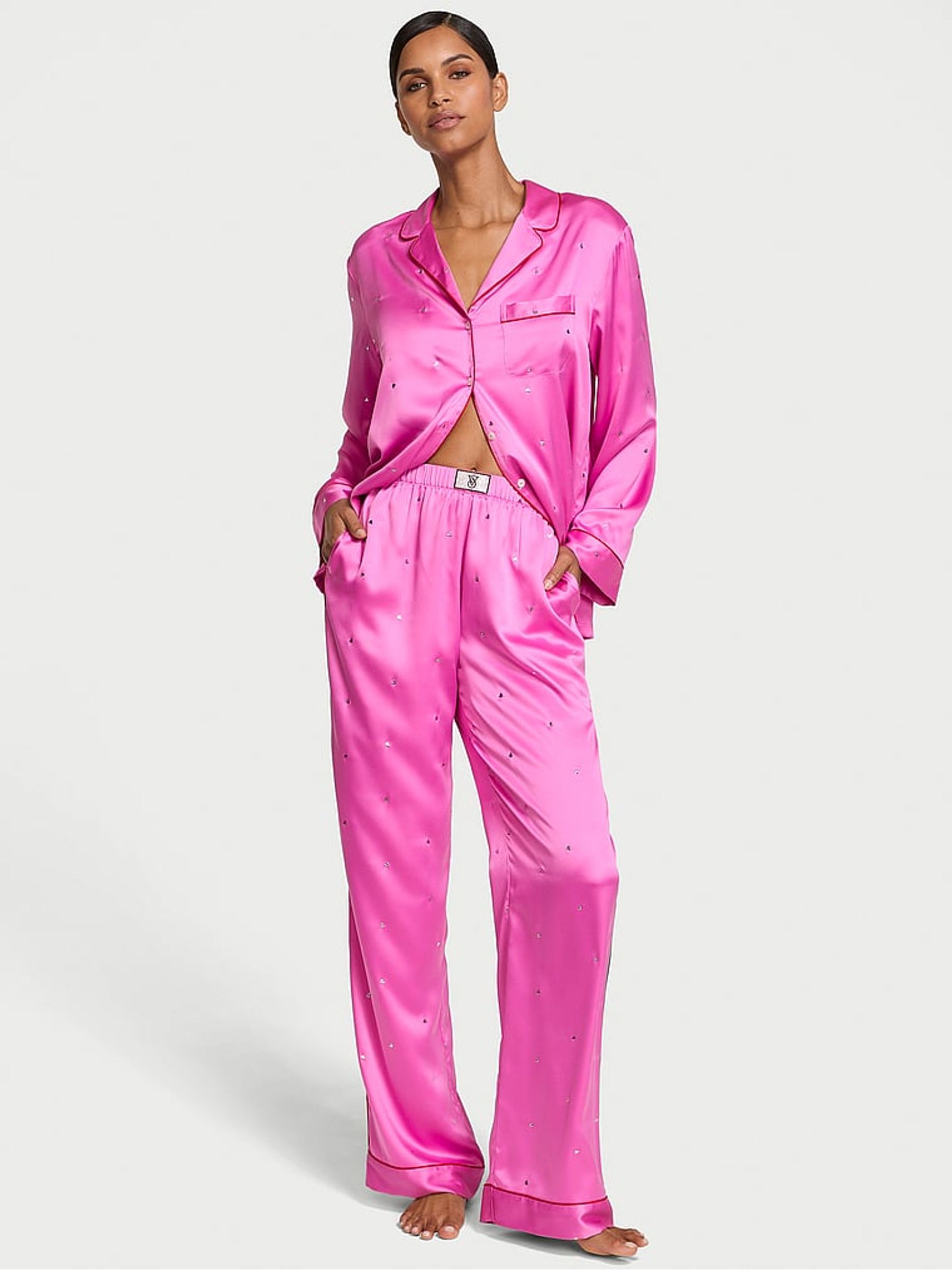New Peony Pink Hearts Satin Long Pyjama Set - Image 1 of 1