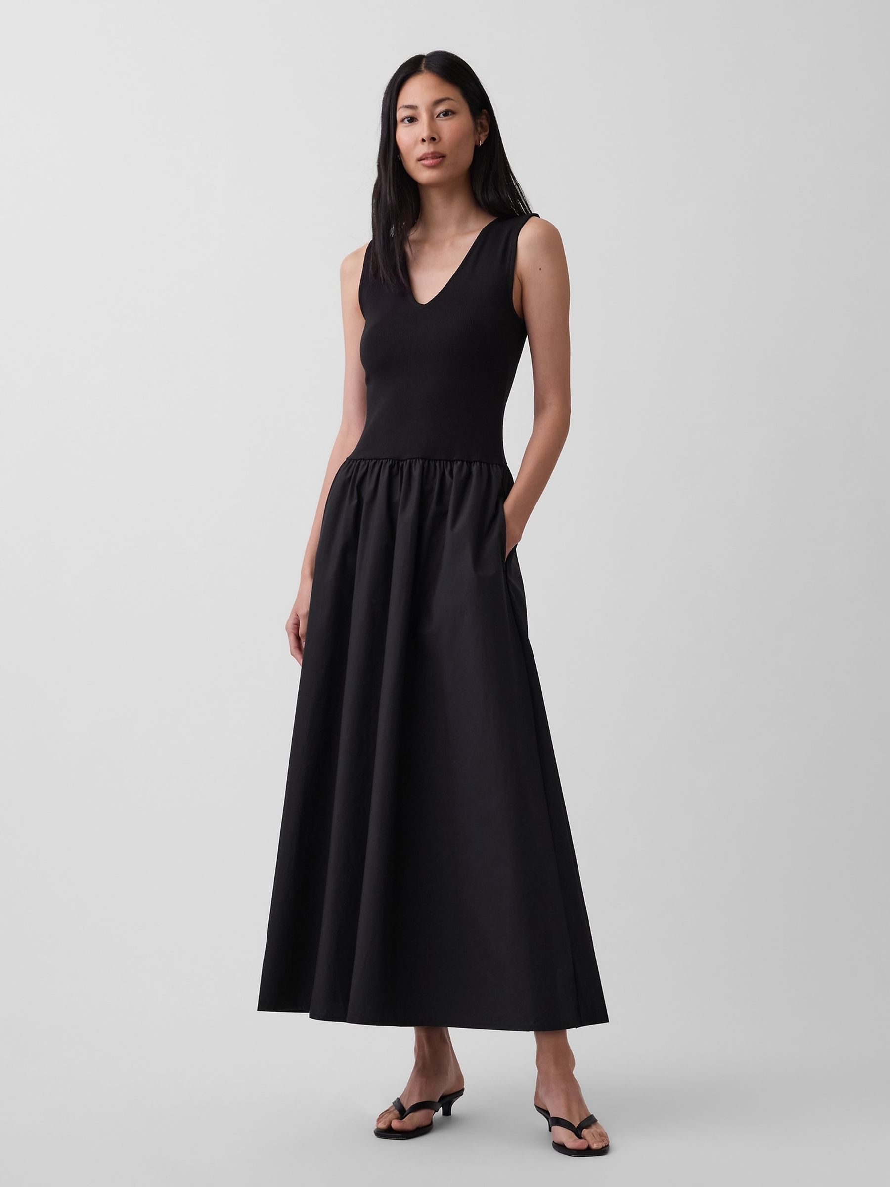 Black Mixed-Media Drop-Waist Maxi Dress - Image 1 of 4