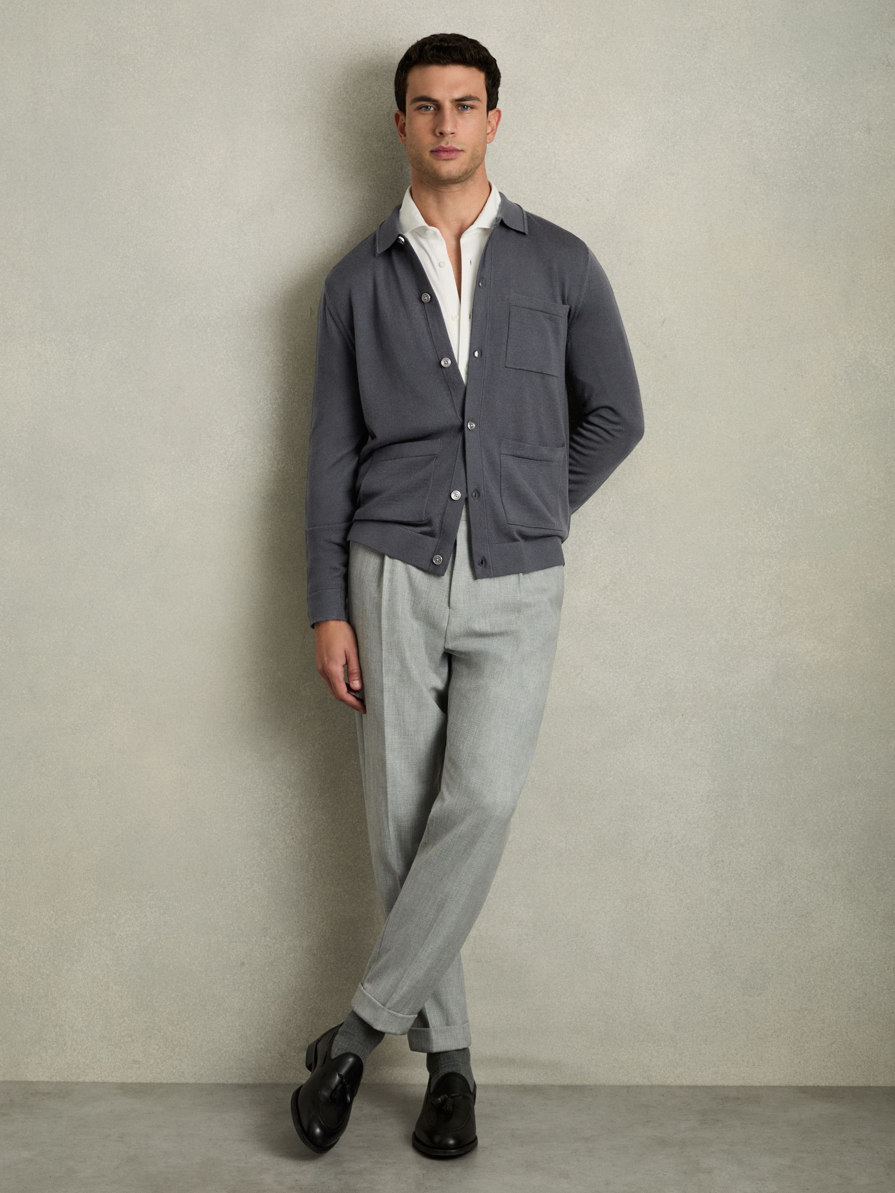 Merino Wool Button-Through Cardigan in Blackend Blue - Image 3 of 7