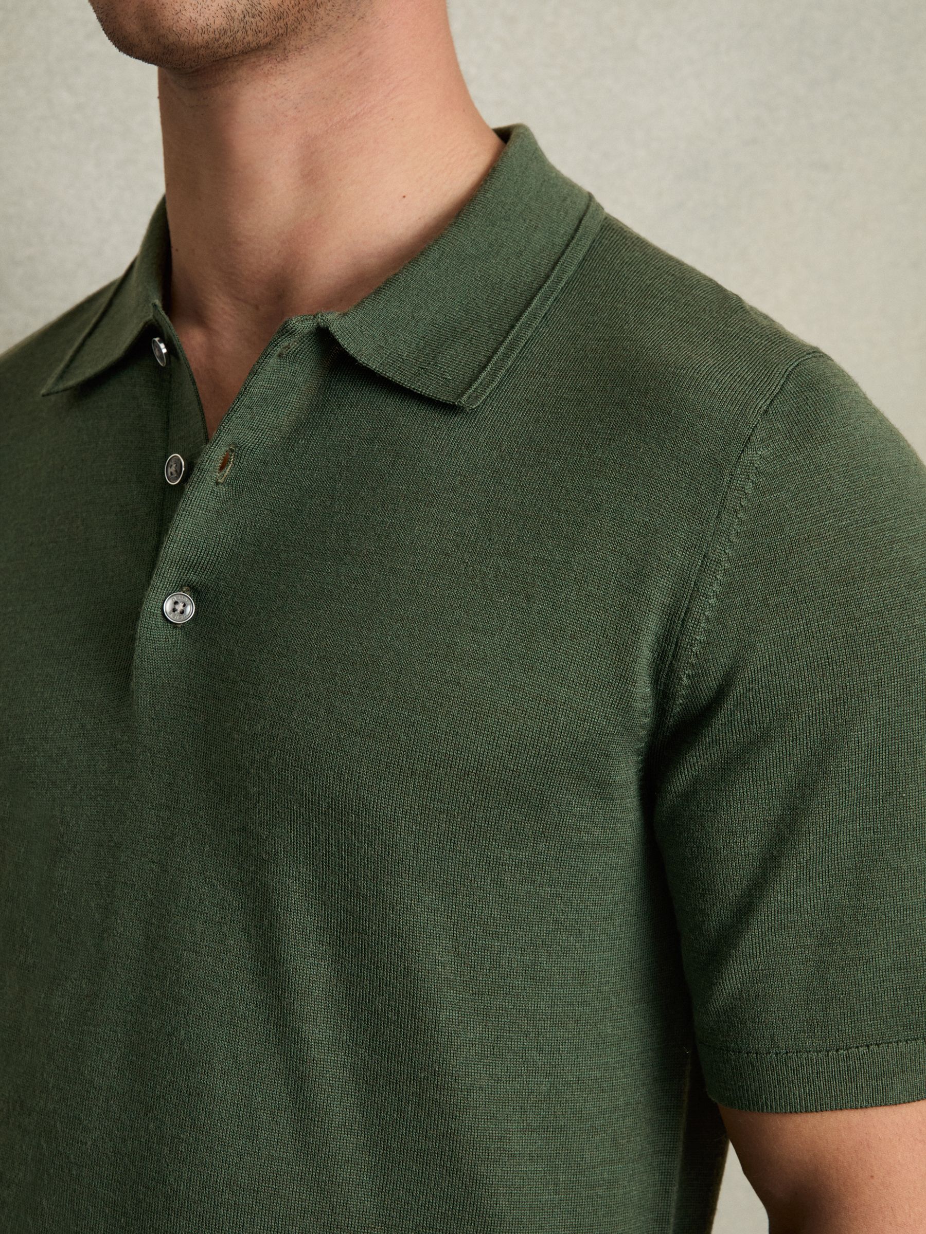 Merino Wool Short-Sleeve Polo Shirt in Dark Kale Green - Image 3 of 5