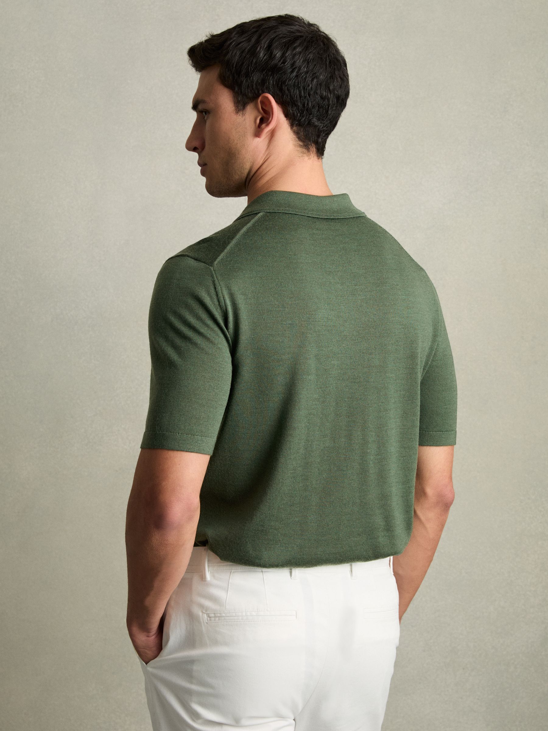 Merino Wool Short-Sleeve Polo Shirt in Dark Kale Green - Image 4 of 5