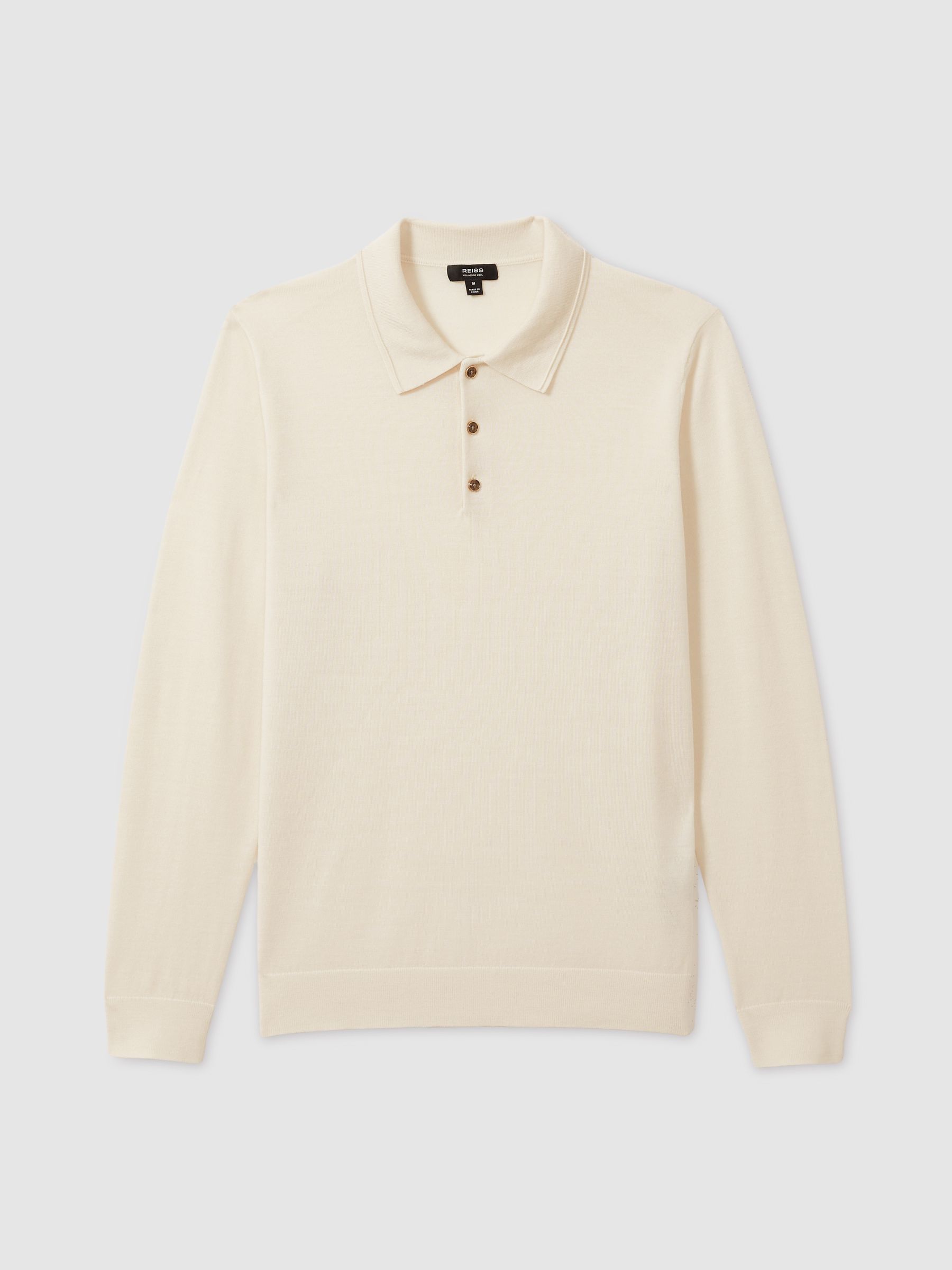 Merino Wool Long-Sleeve Polo Shirt in Snow White - Image 2 of 7