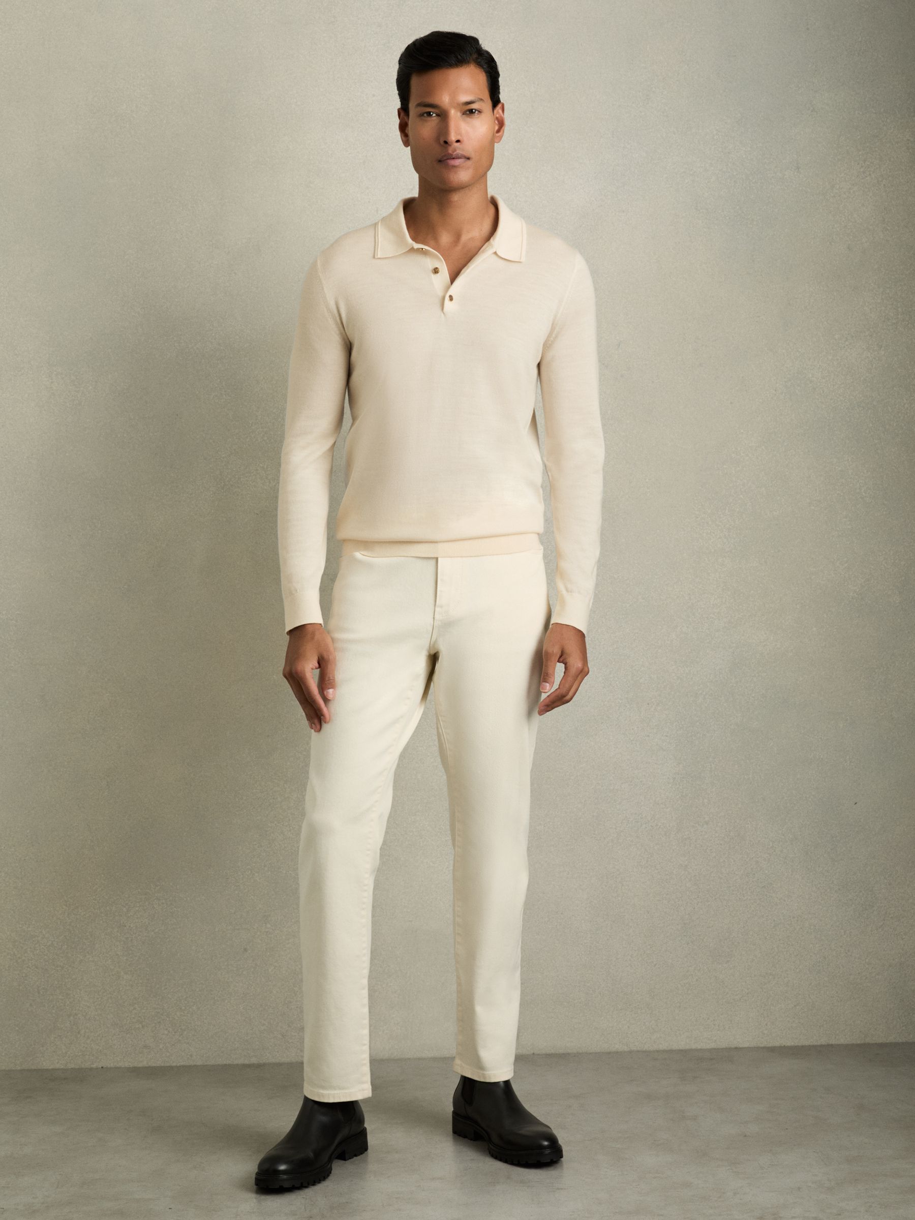 Merino Wool Long-Sleeve Polo Shirt in Snow White - Image 3 of 7
