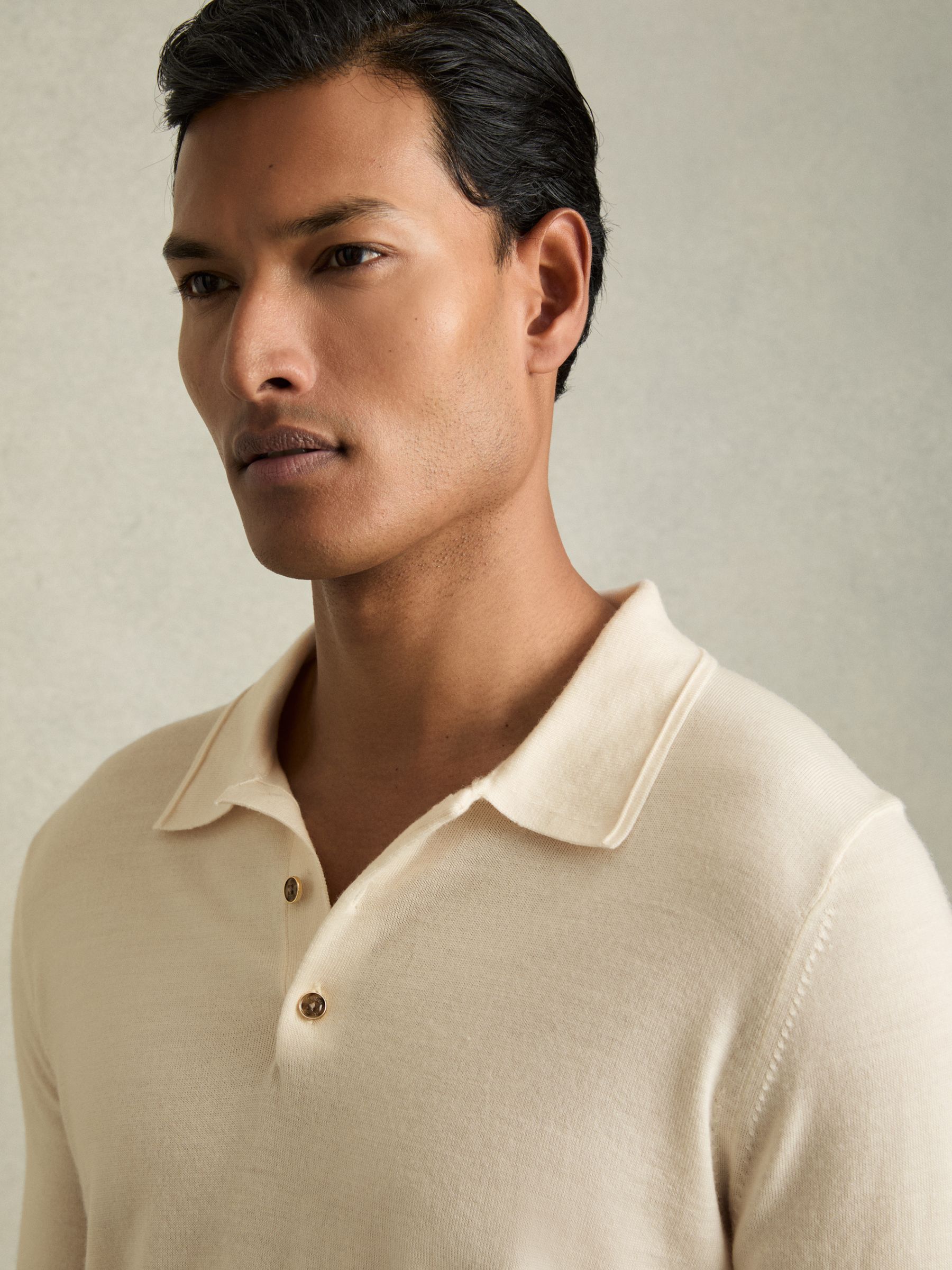 Merino Wool Long-Sleeve Polo Shirt in Snow White - Image 4 of 7