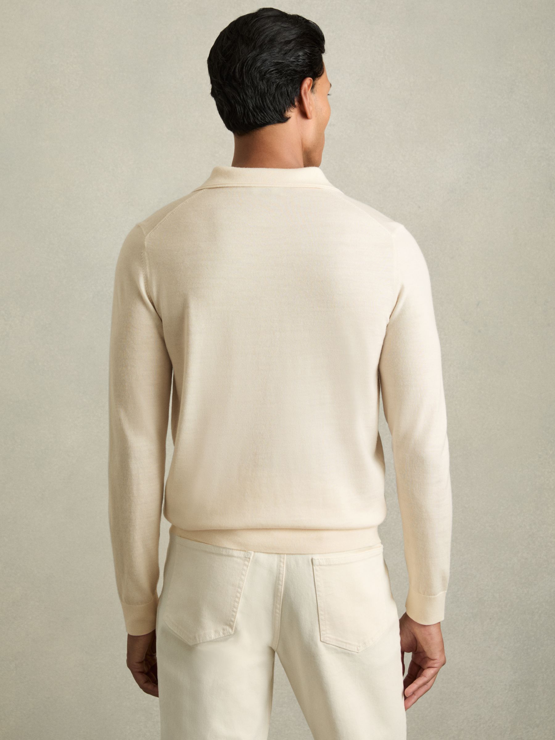 Merino Wool Long-Sleeve Polo Shirt in Snow White - Image 5 of 7