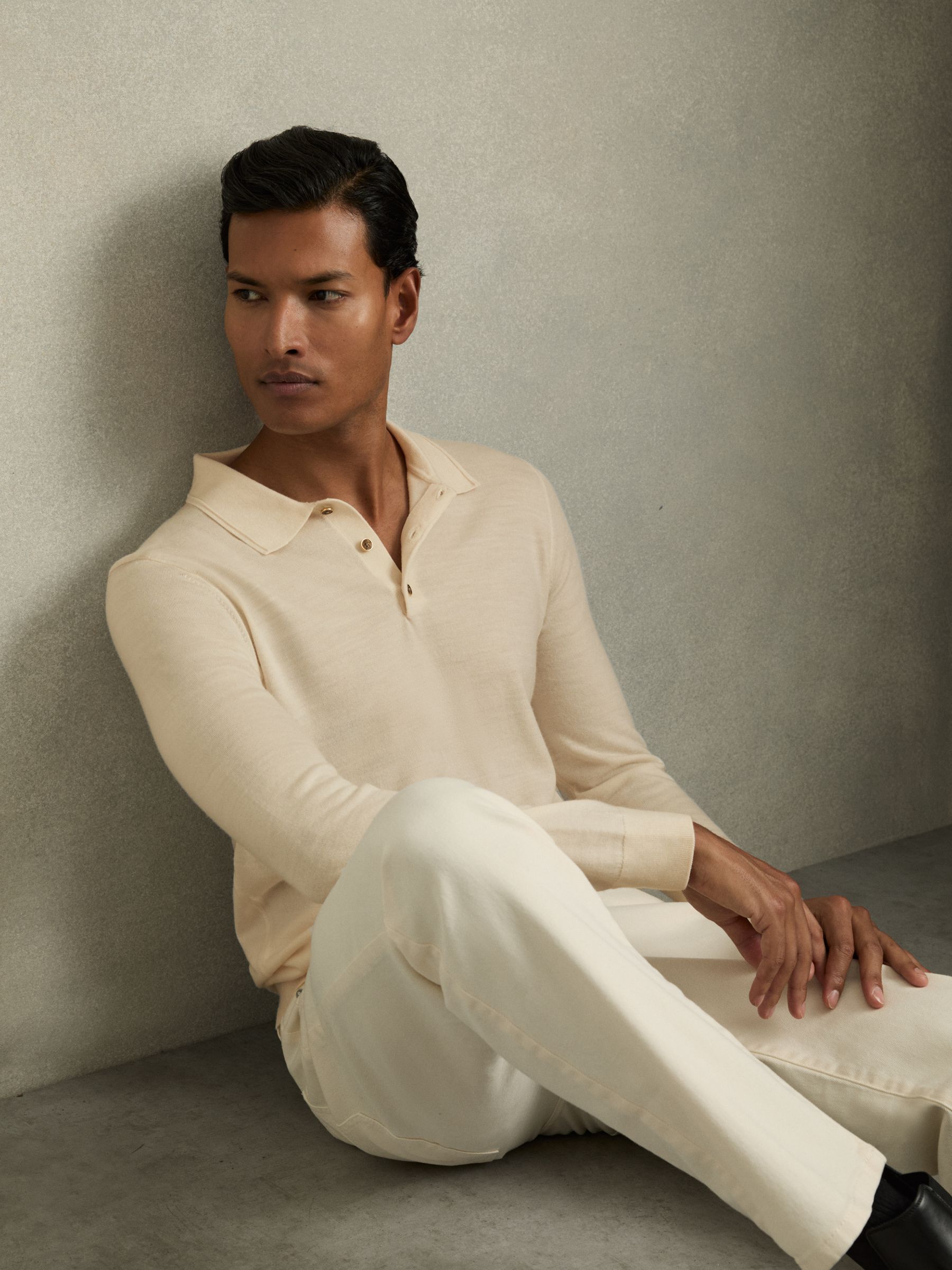 Merino Wool Long-Sleeve Polo Shirt in Snow White - Image 6 of 7