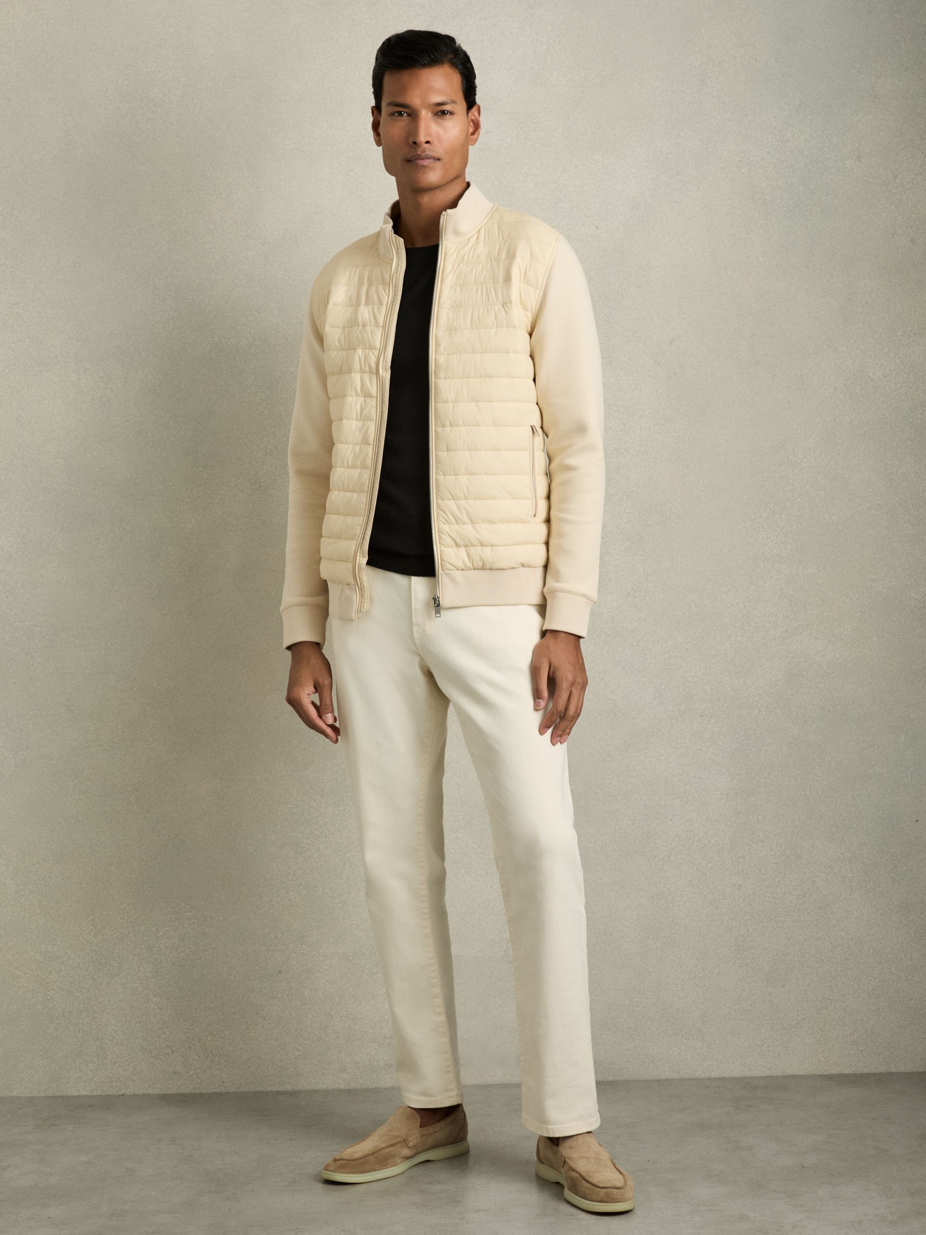 Hybrid Quilt and Interlock Jersey Zip-Through Jacket in Light Stone - Image 1 of 6