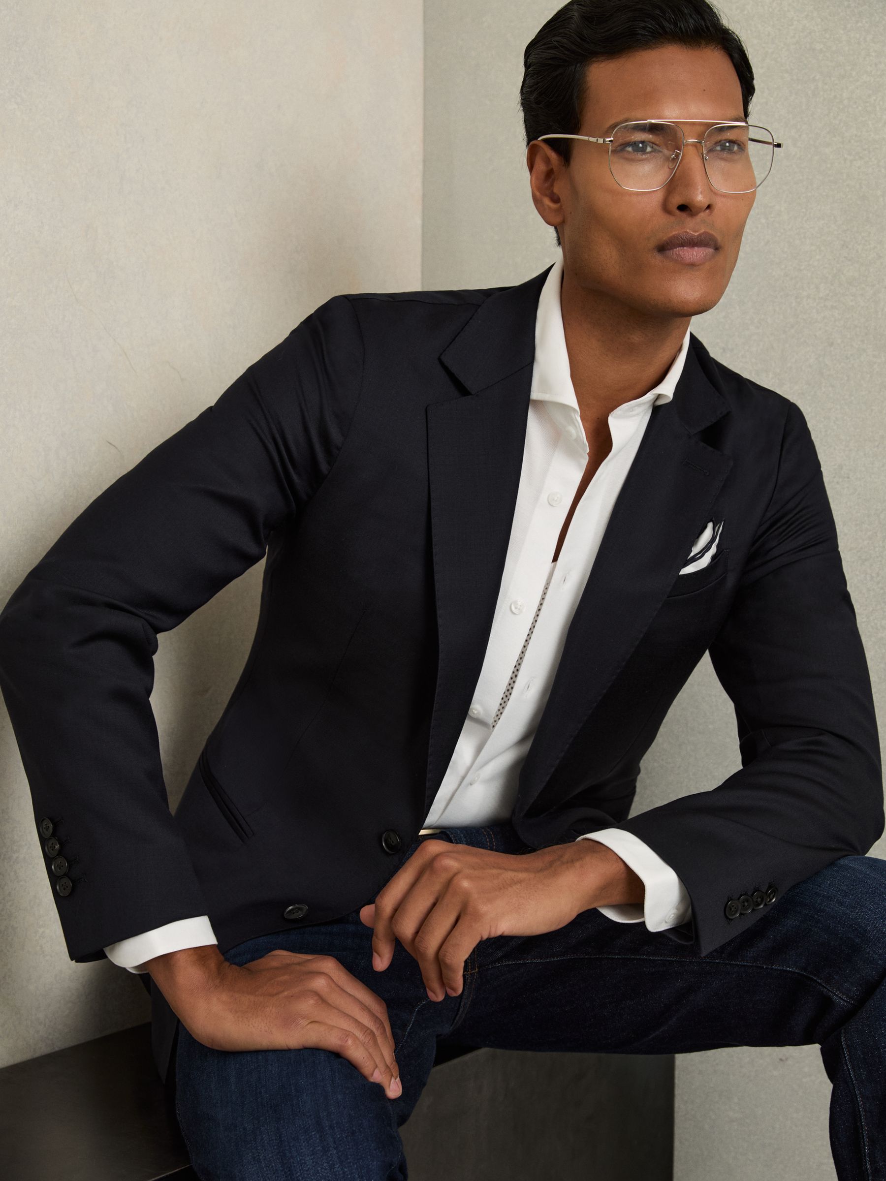 Slim-Fit Single Breasted Wool Suit Jacket in Navy - Image 3 of 11