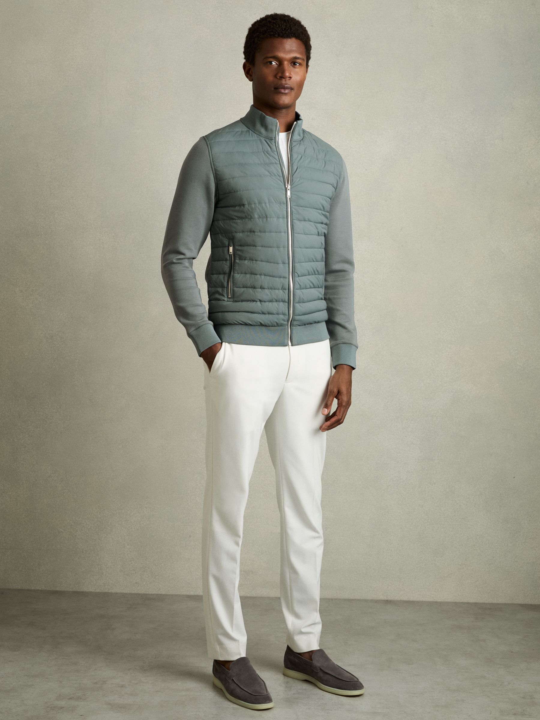 Hybrid Quilt and Interlock Jersey Zip-Through Jacket in Teal Green - Image 1 of 7