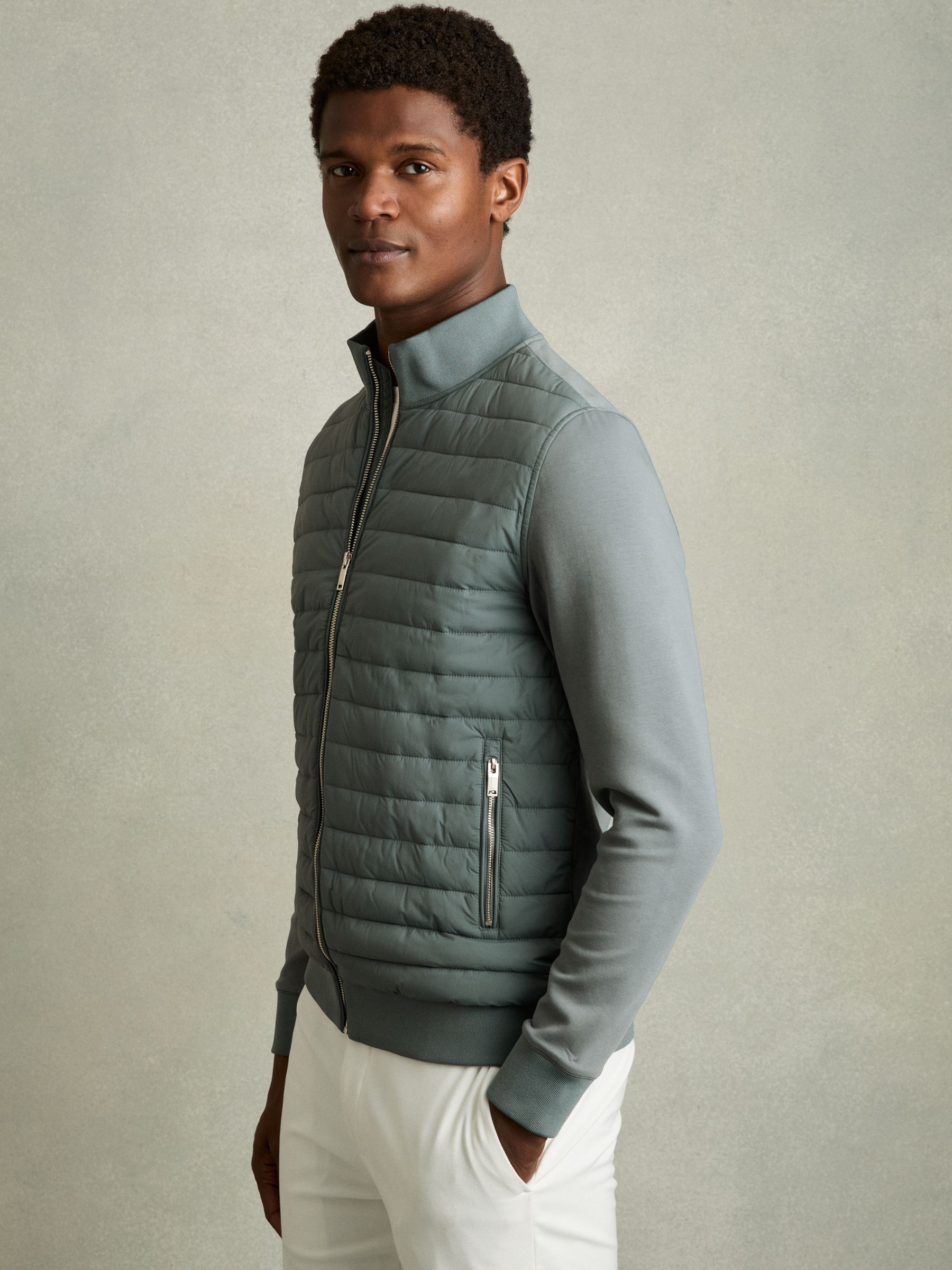 Reiss Hybrid Quilt and Knit Zip-Through Jacket in Teal Green | REISS