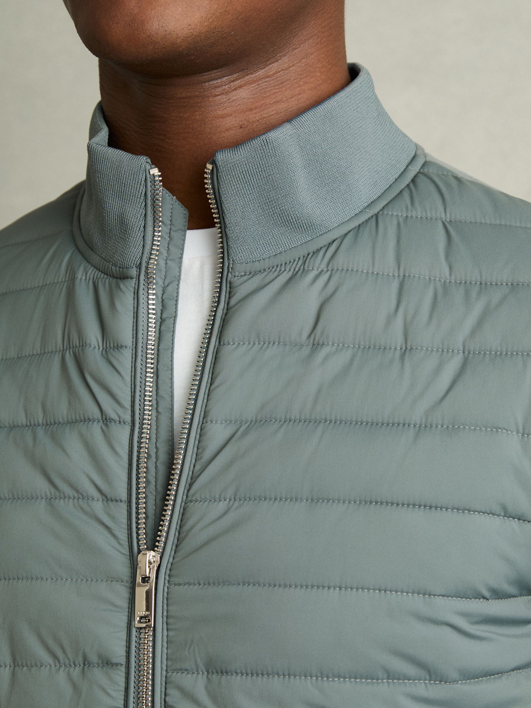 Hybrid Quilt and Interlock Jersey Zip-Through Jacket in Teal Green - Image 4 of 7