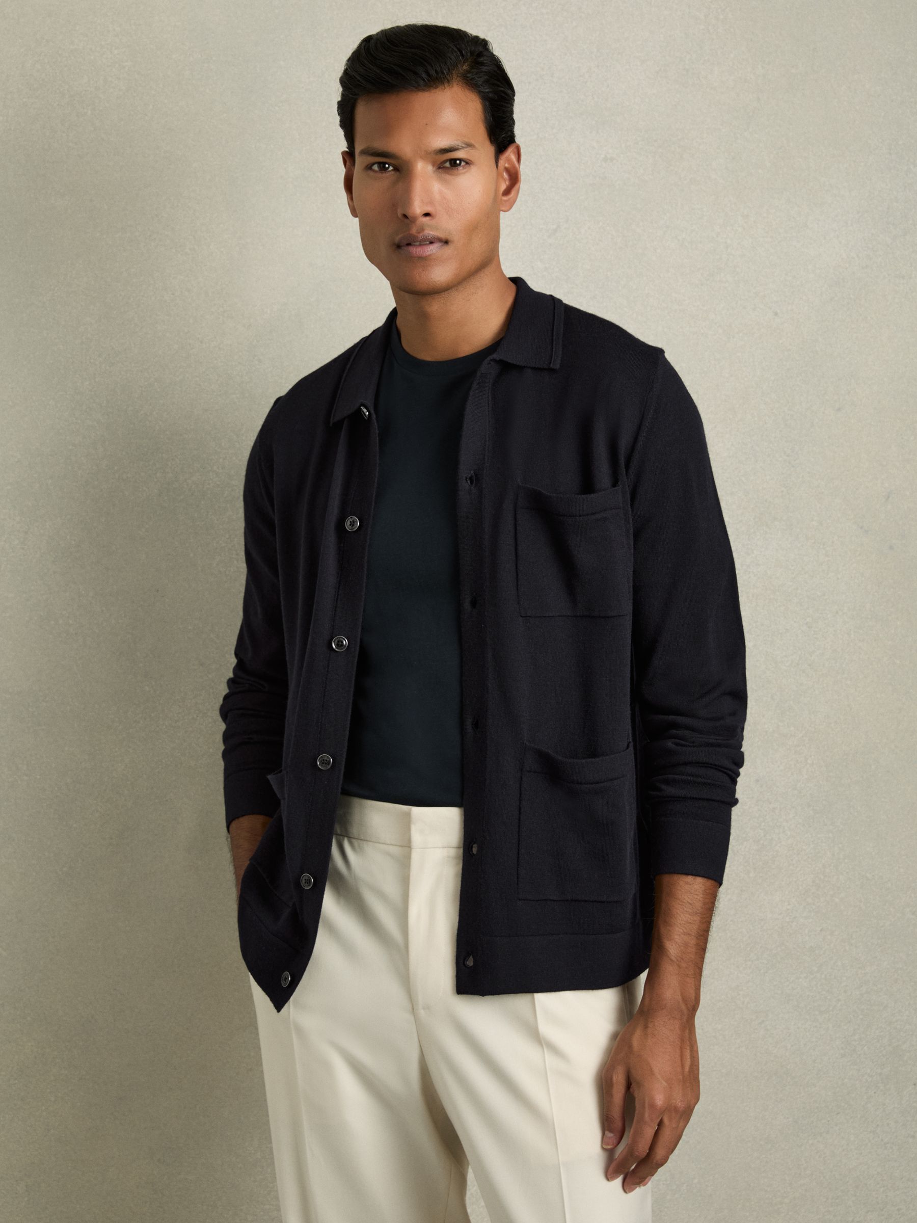 Merino Wool Button-Through Cardigan in Navy - Image 1 of 7