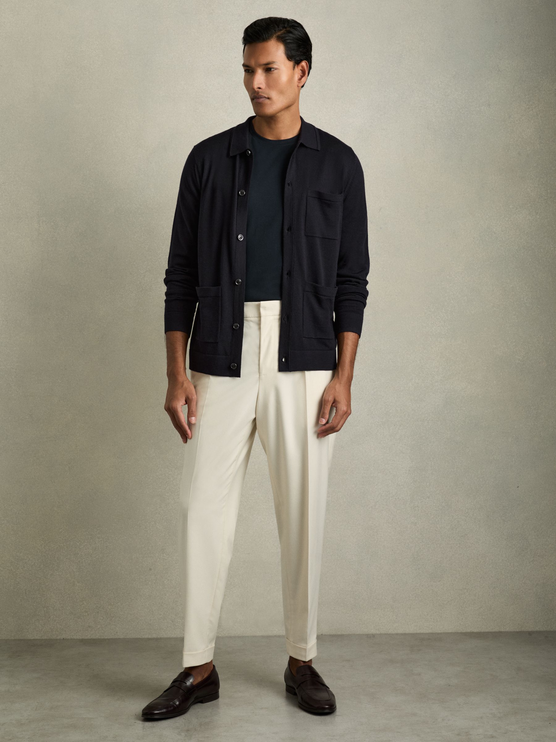 Merino Wool Button-Through Cardigan in Navy - Image 3 of 7
