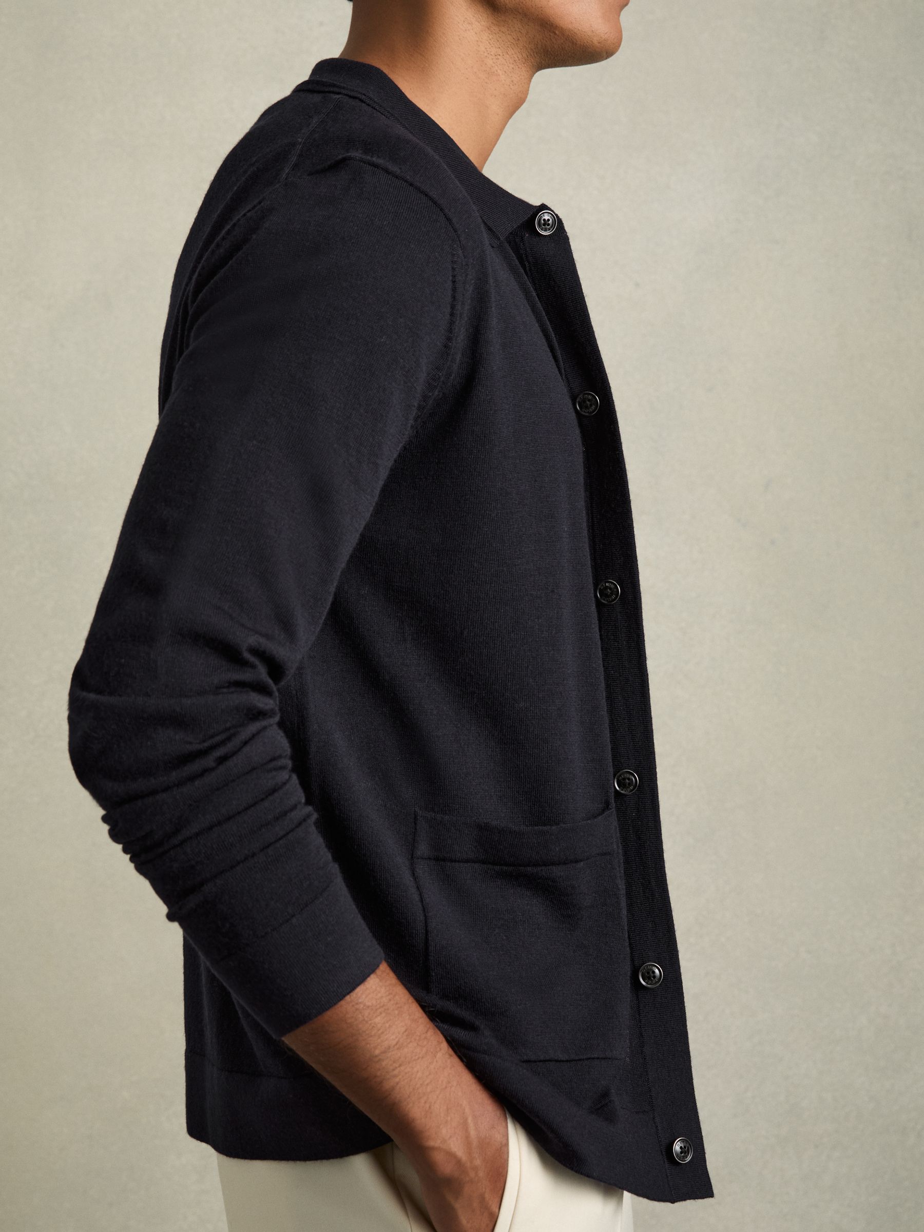 Merino Wool Button-Through Cardigan in Navy - Image 4 of 7