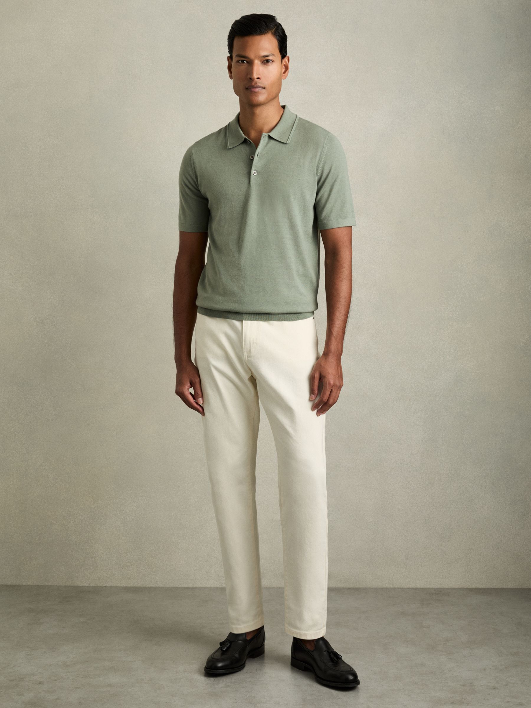 Merino Wool Short-Sleeve Polo Shirt in Herb Green - Image 1 of 6