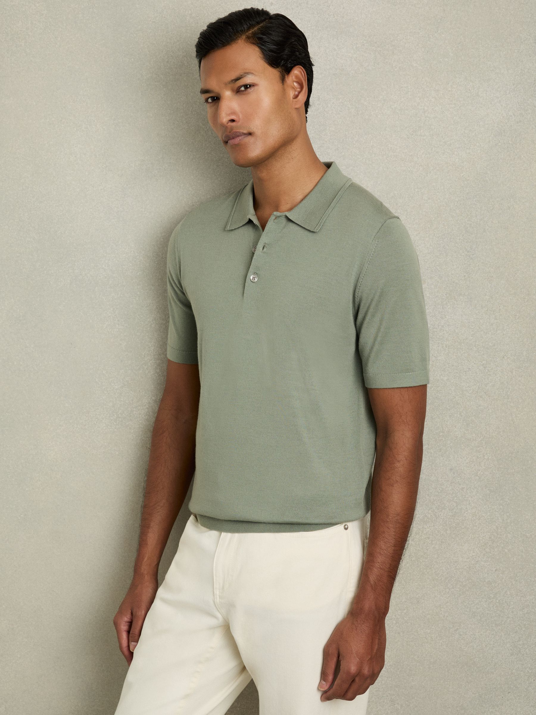 Merino Wool Short-Sleeve Polo Shirt in Herb Green - Image 3 of 6