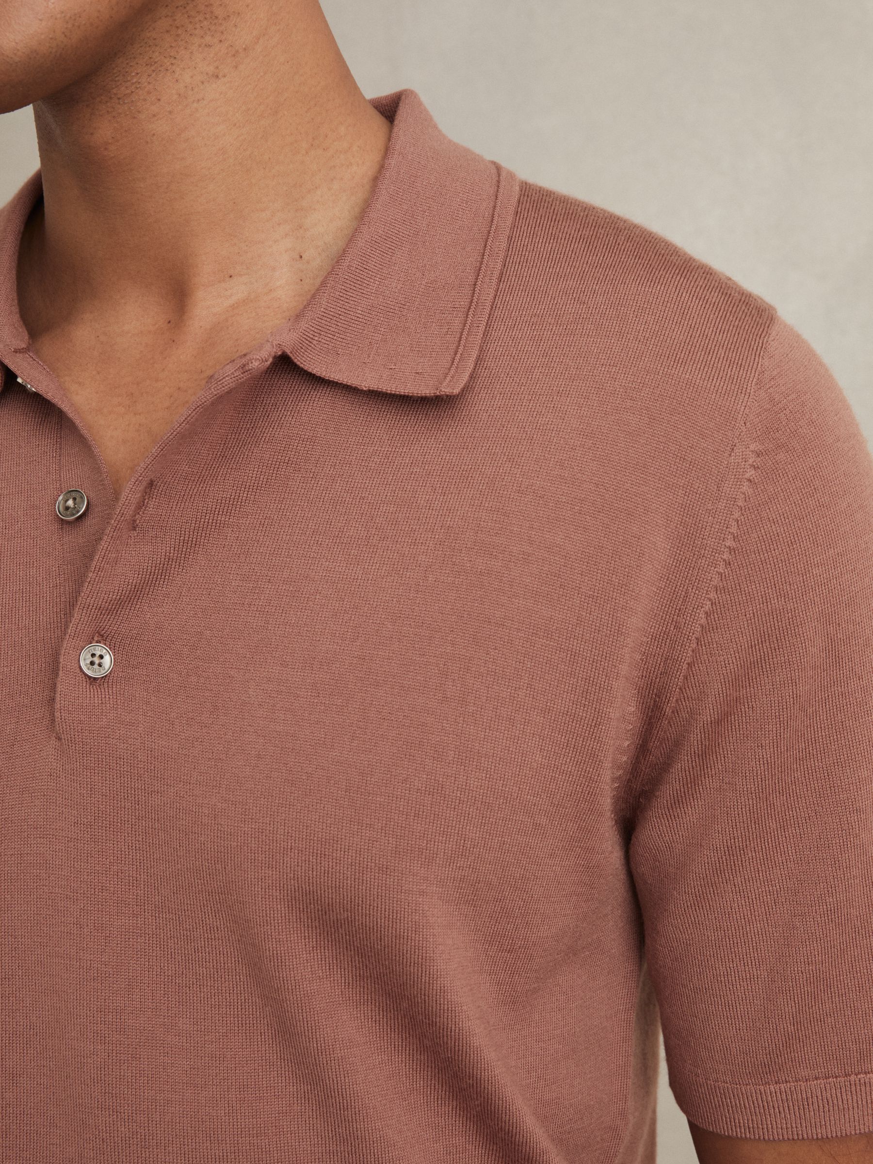 Merino Wool Short-Sleeve Polo Shirt in Dusty Blush Pink - Image 3 of 5