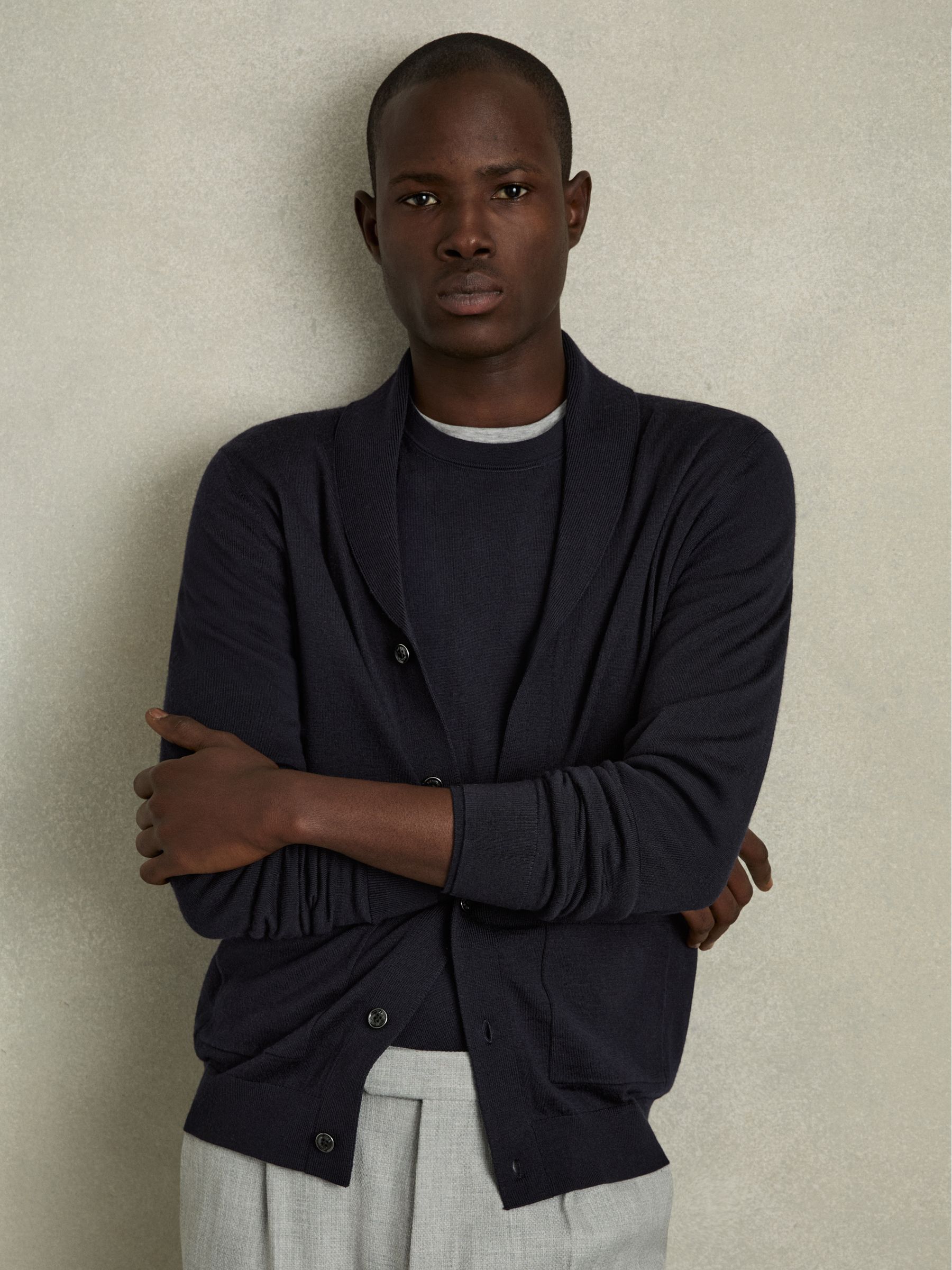 Merino Wool Shawl-Collar Cardigan in Navy - Image 1 of 7
