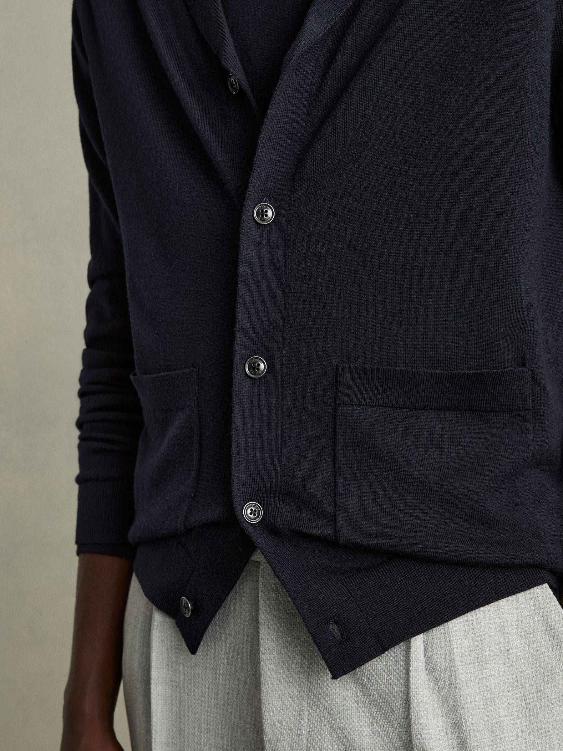 Merino Wool Shawl-Collar Cardigan in Navy - Image 3 of 7