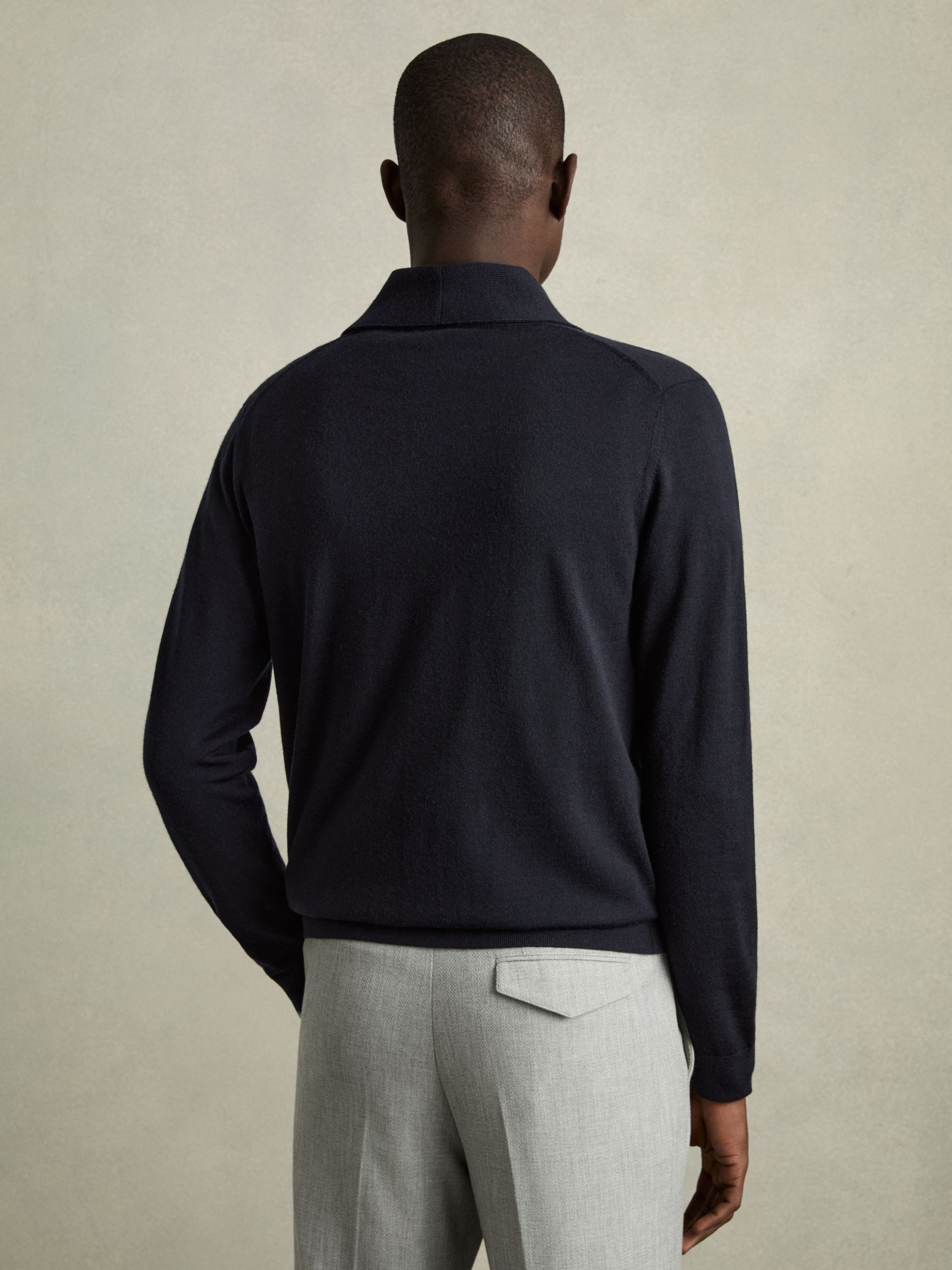 Merino Wool Shawl-Collar Cardigan in Navy - Image 4 of 7