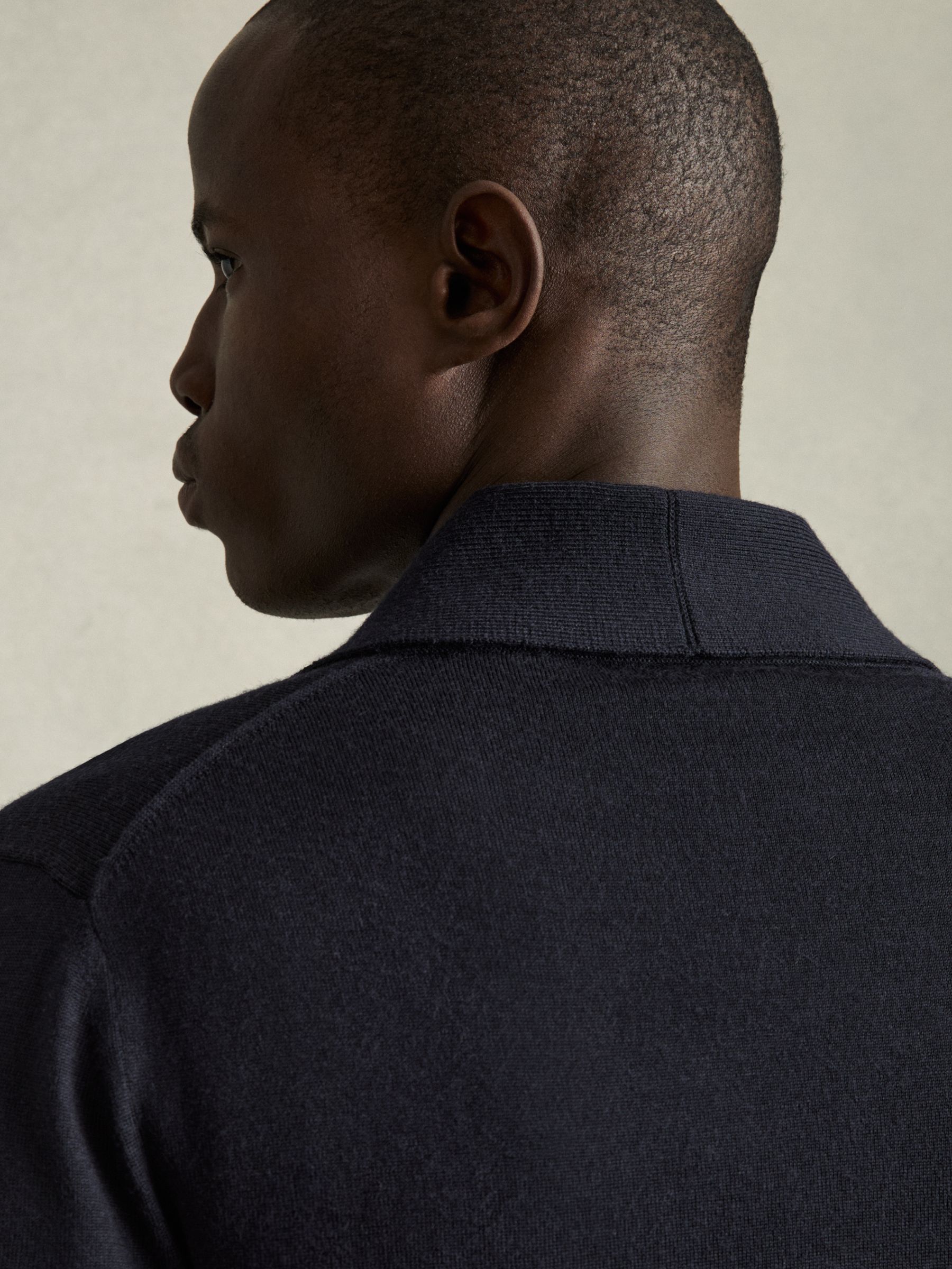 Merino Wool Shawl-Collar Cardigan in Navy - Image 6 of 7