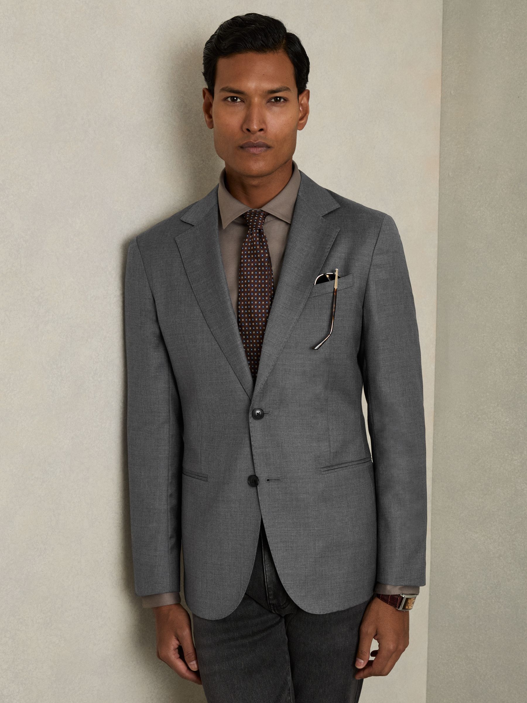 Slim-Fit Single Breasted Wool Suit Jacket in Grey - Image 8 of 11