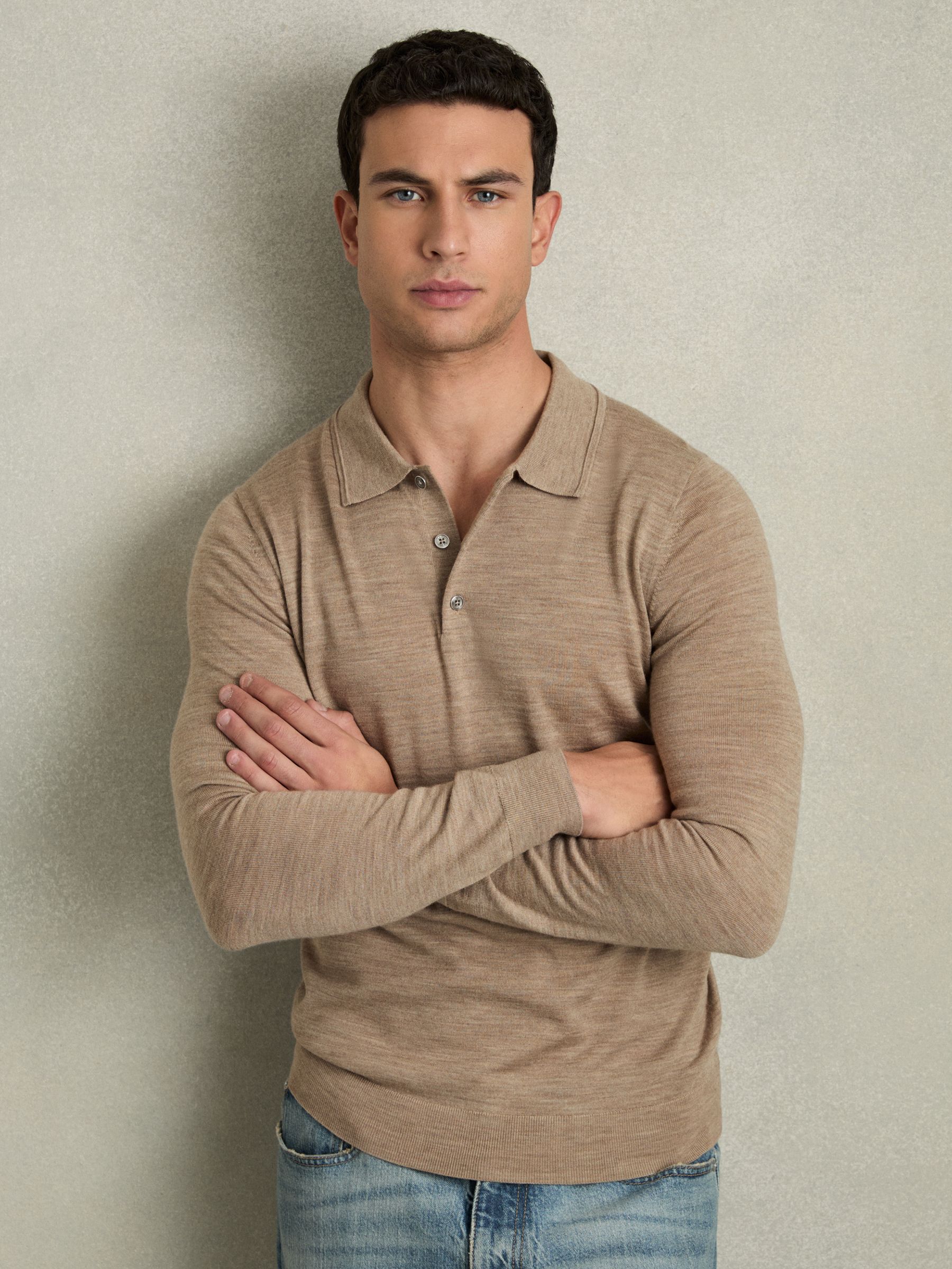 Merino Wool Long Sleeve Polo Shirt in Warm Taupe Melange - Image 1 of 6