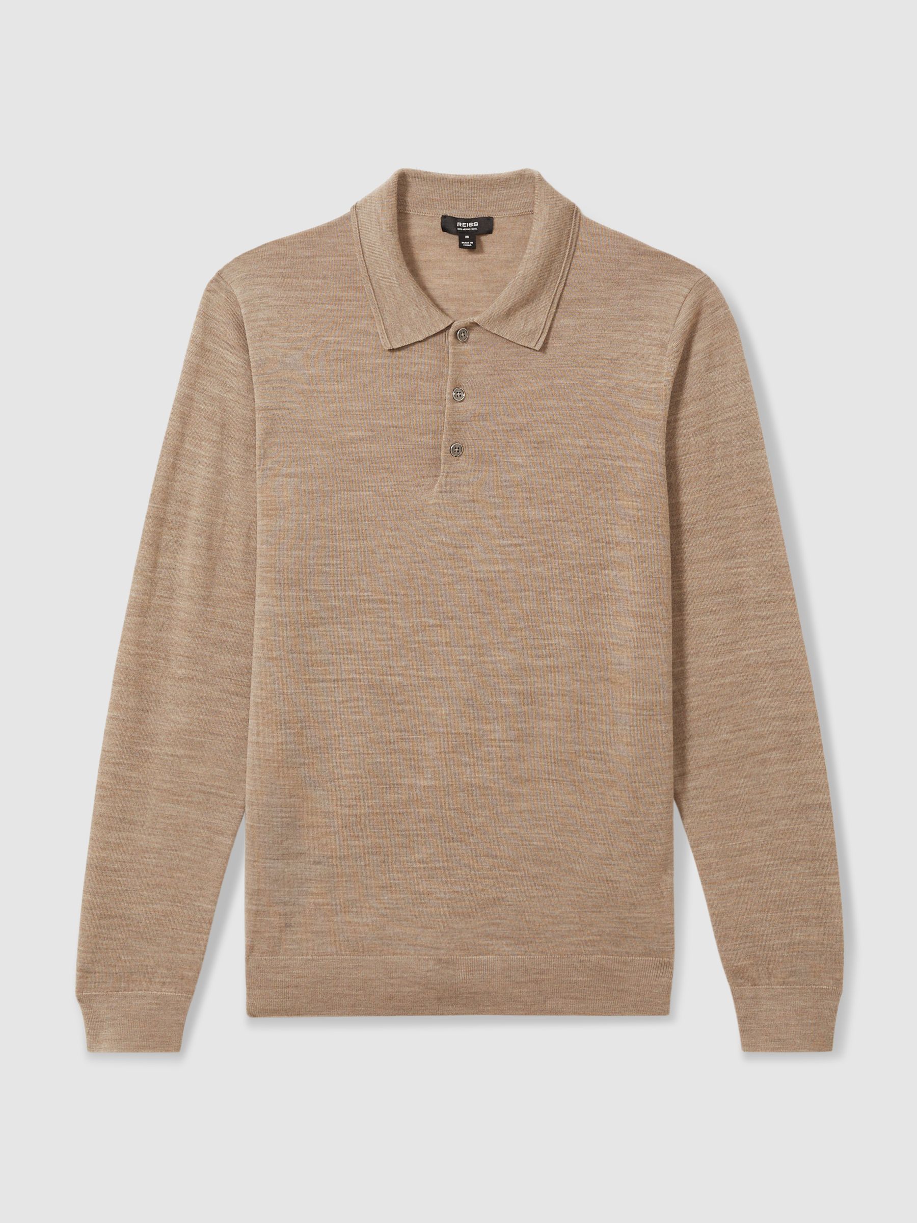 Merino Wool Long Sleeve Polo Shirt in Warm Taupe Melange - Image 2 of 6