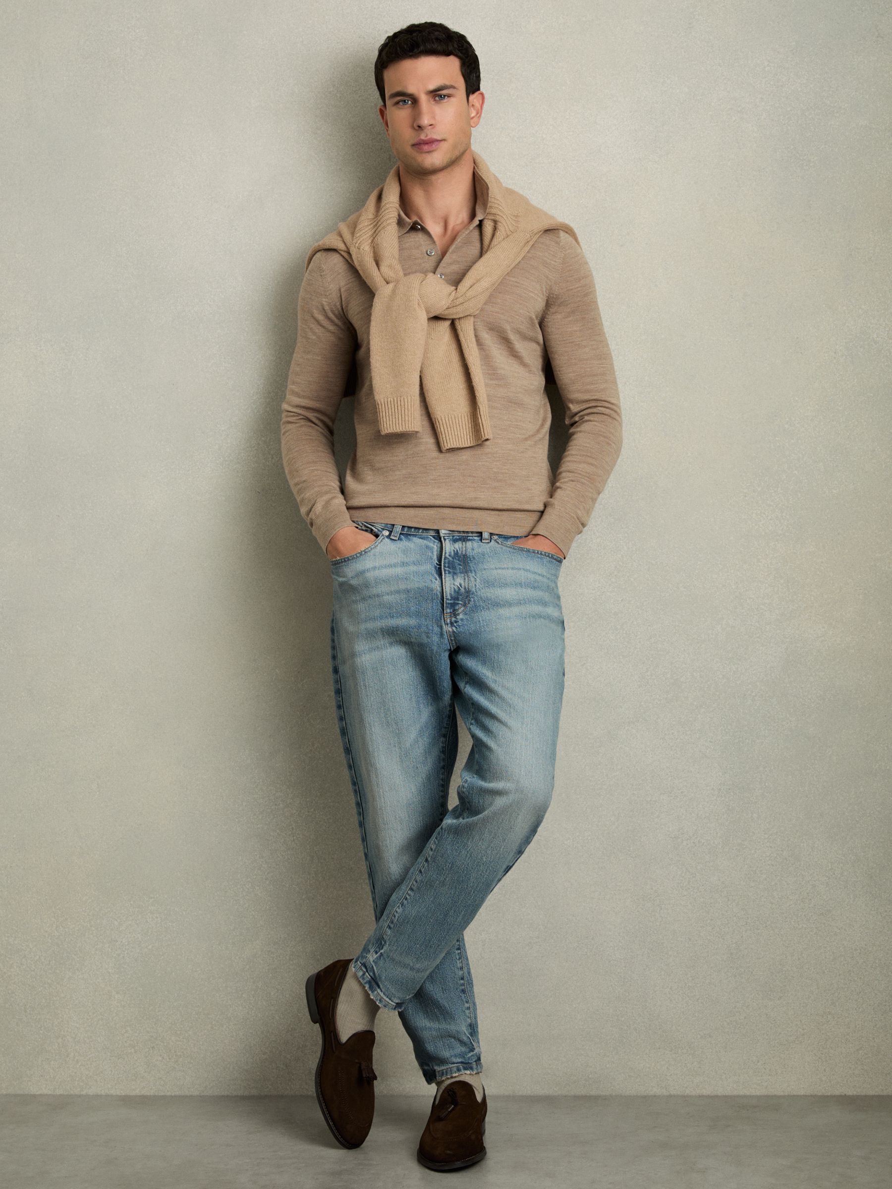 Merino Wool Long Sleeve Polo Shirt in Warm Taupe Melange - Image 3 of 6