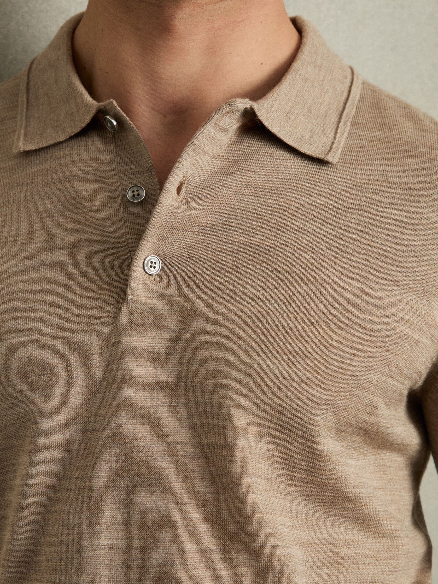Merino Wool Long Sleeve Polo Shirt in Warm Taupe Melange - Image 4 of 6