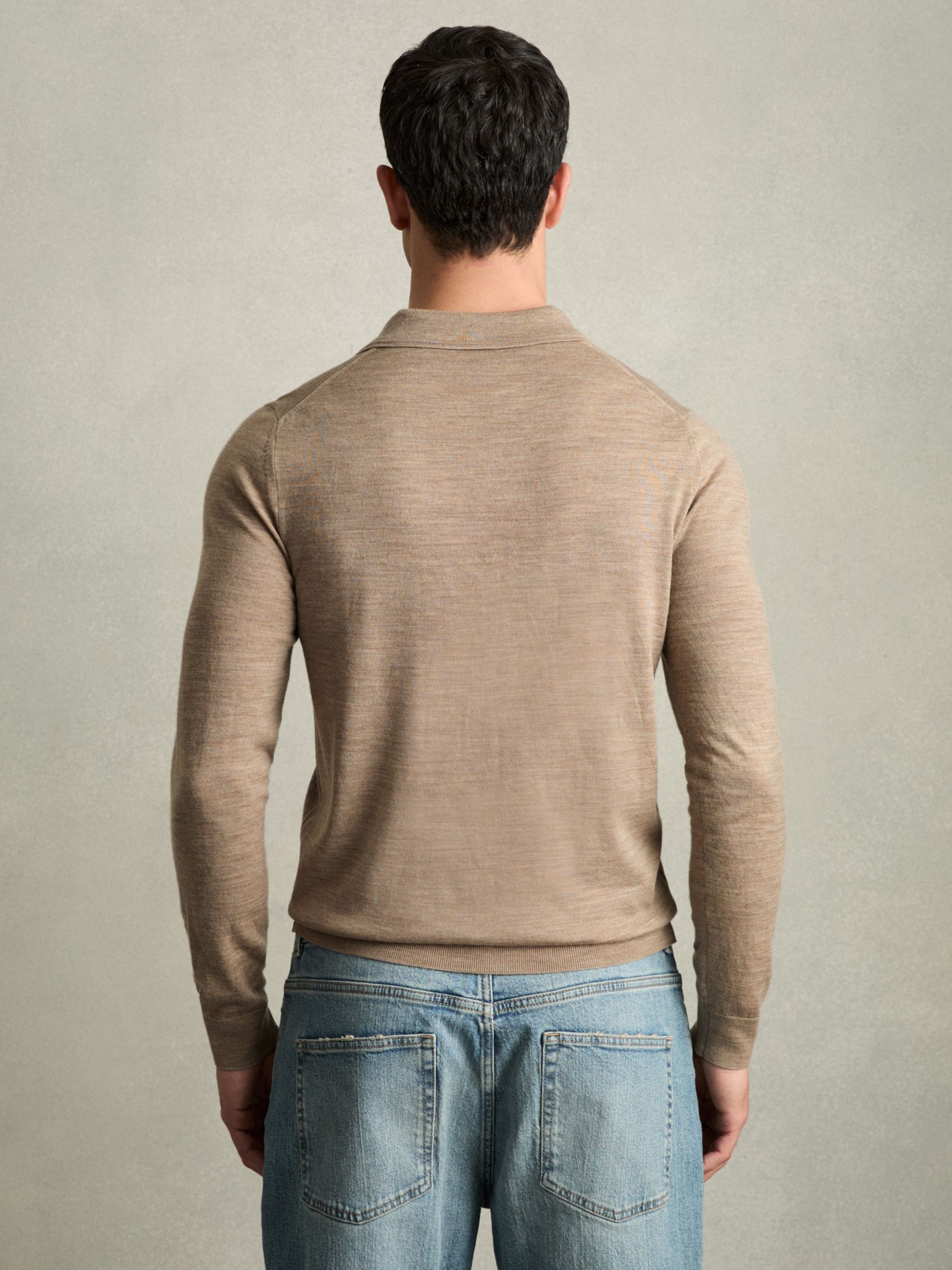 Merino Wool Long Sleeve Polo Shirt in Warm Taupe Melange - Image 5 of 6