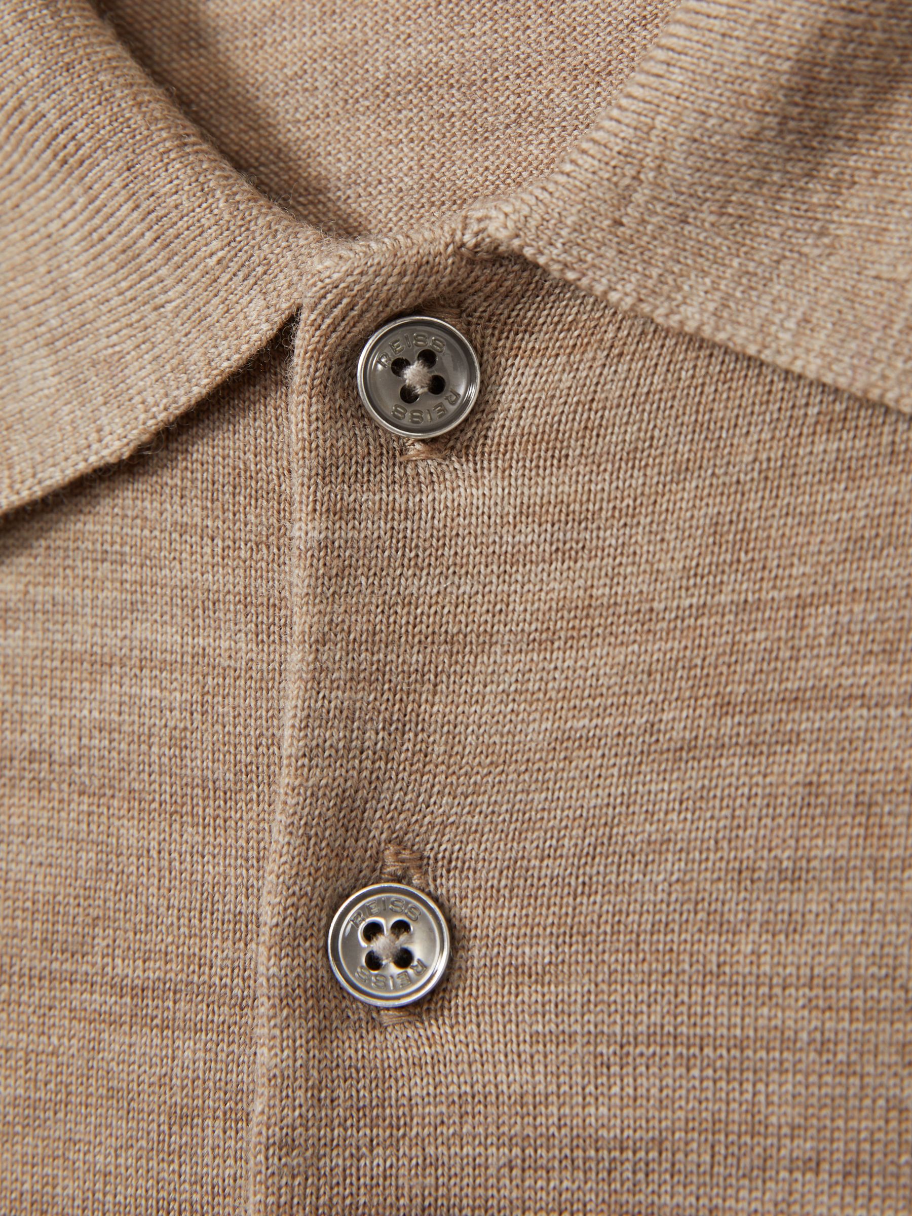 Merino Wool Long Sleeve Polo Shirt in Warm Taupe Melange - Image 6 of 6