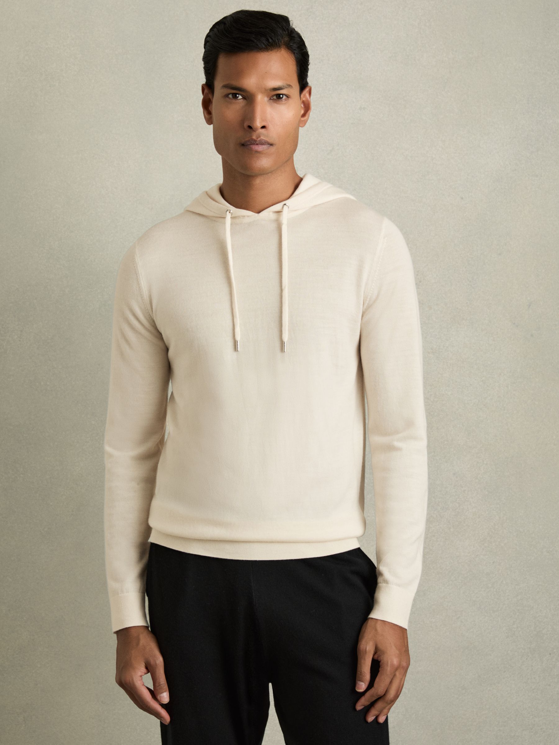 Merino Wool Drawstring Hoodie in Snow White - Image 1 of 6