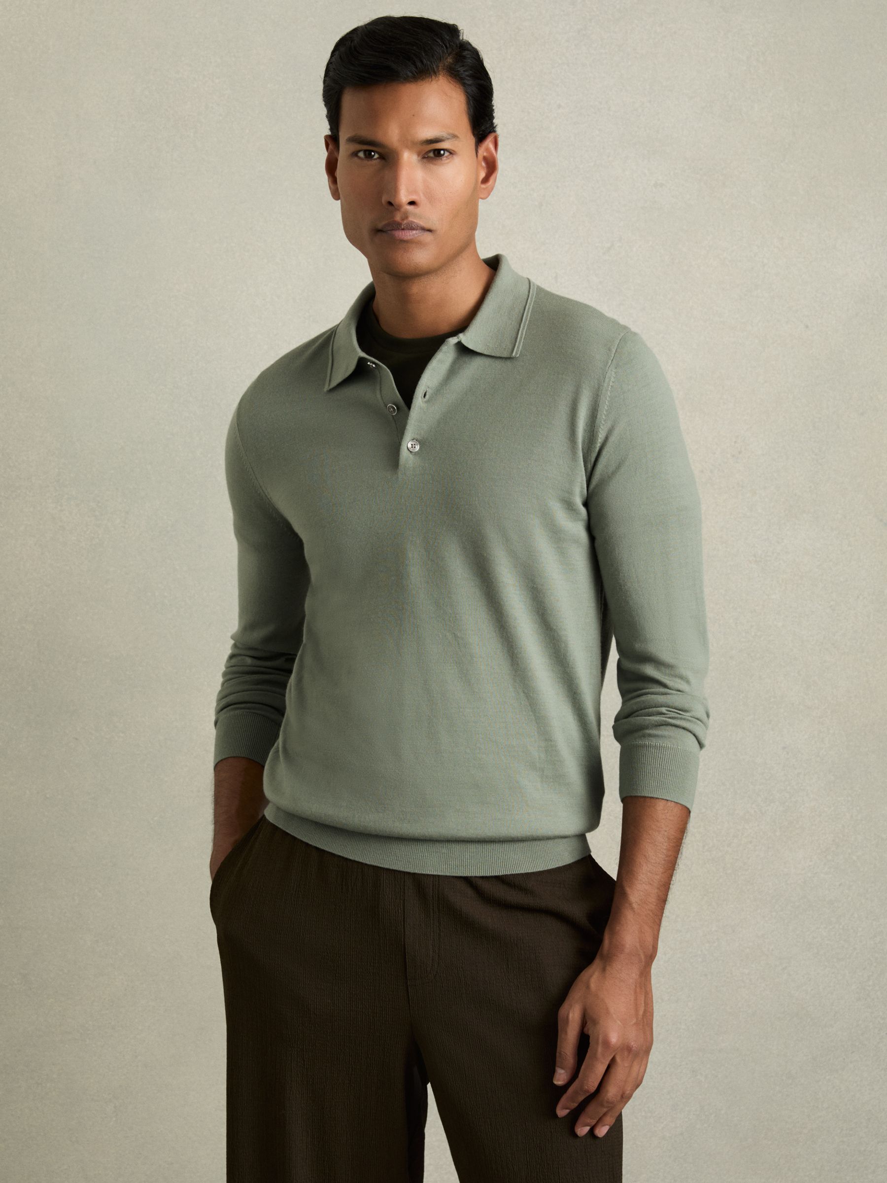 Merino Wool Long Sleeve Polo Shirt in Herb Green - Image 1 of 6