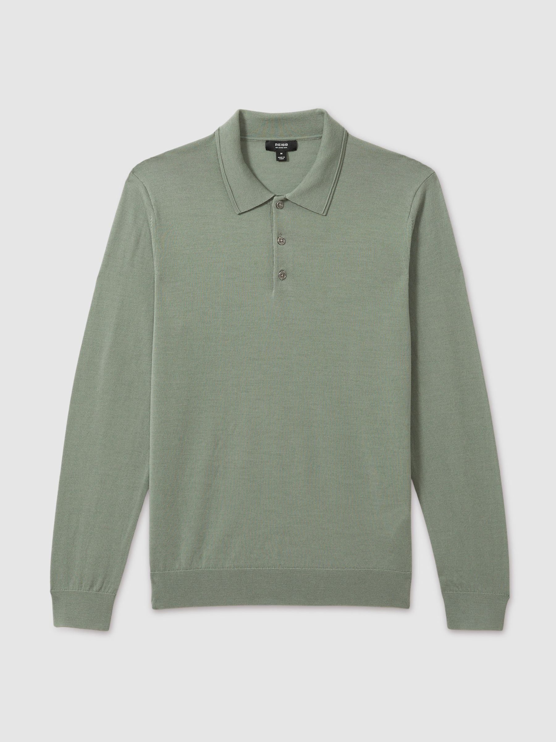 Merino Wool Long Sleeve Polo Shirt in Herb Green - Image 2 of 6