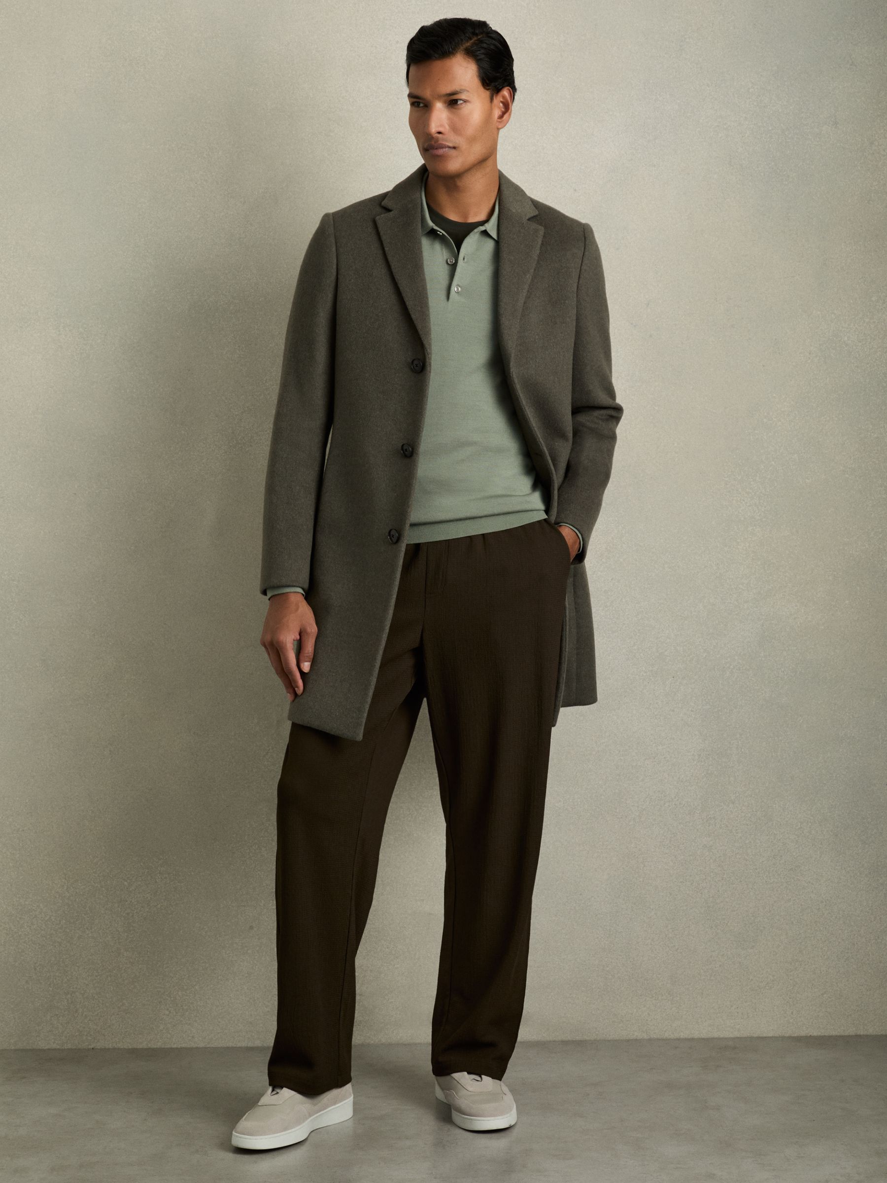 Merino Wool Long Sleeve Polo Shirt in Herb Green - Image 3 of 6