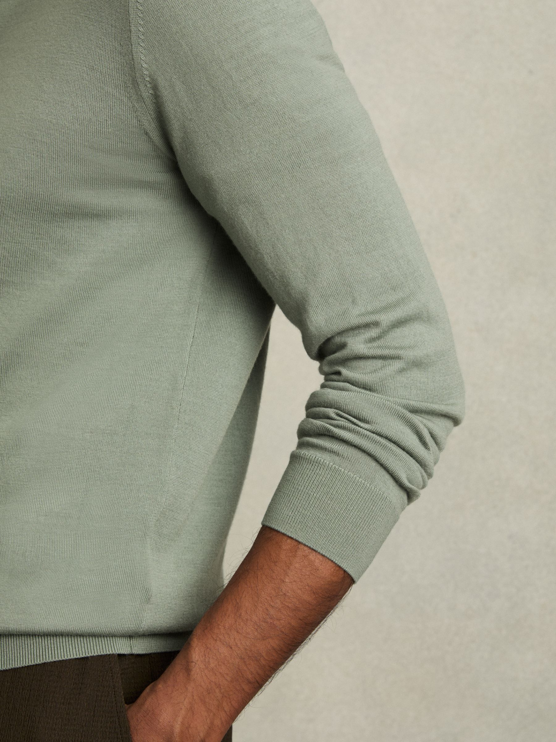Merino Wool Long Sleeve Polo Shirt in Herb Green - Image 4 of 6