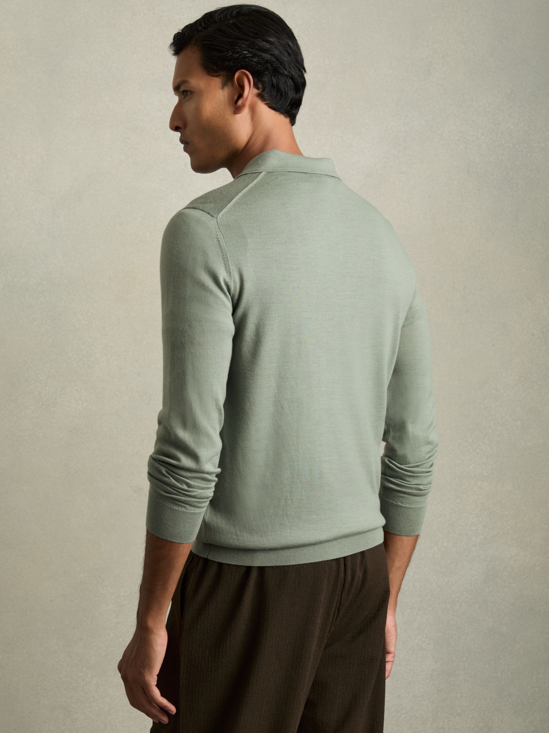 Merino Wool Long Sleeve Polo Shirt in Herb Green - Image 5 of 6