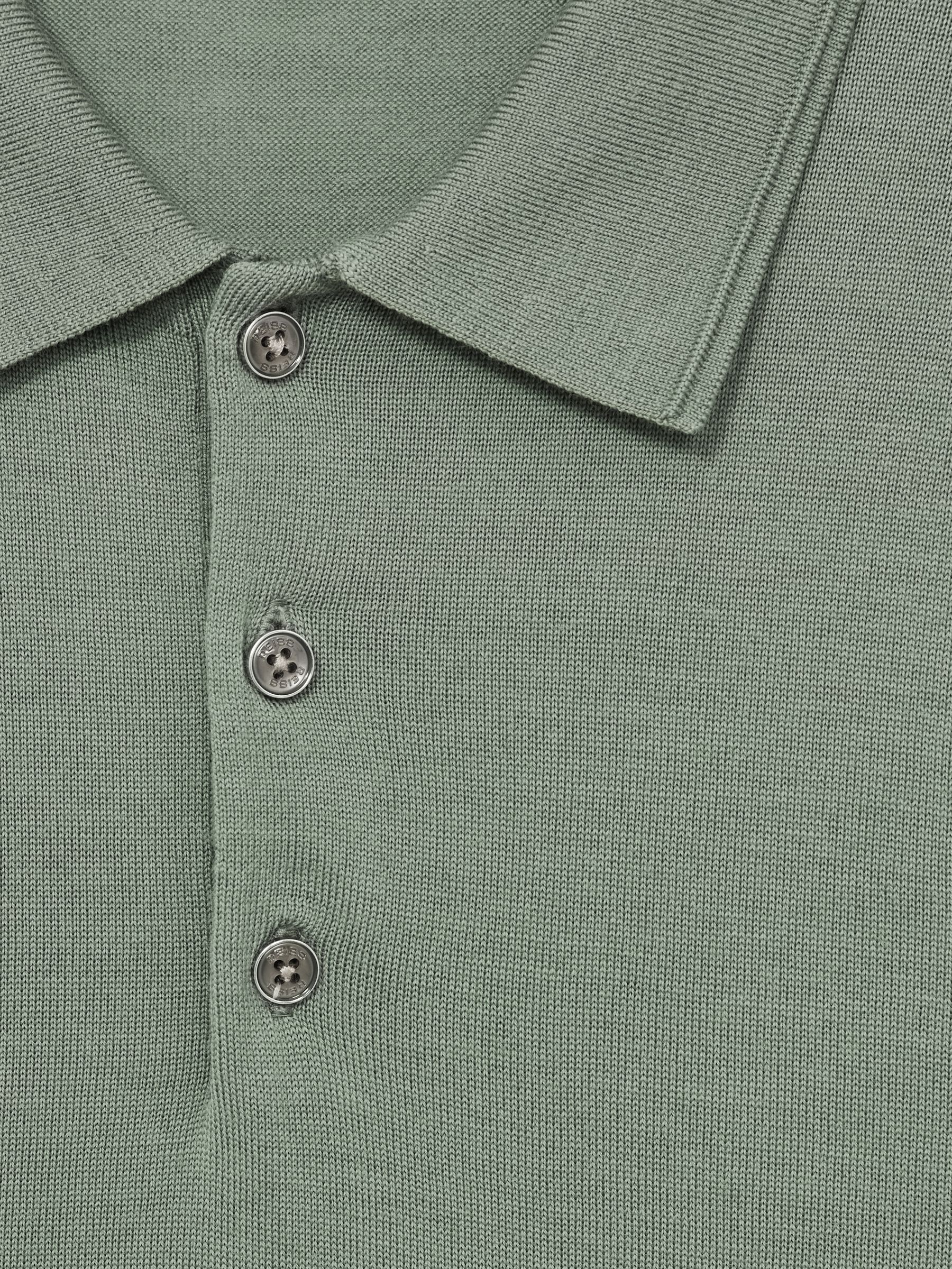 Merino Wool Long Sleeve Polo Shirt in Herb Green - Image 6 of 6