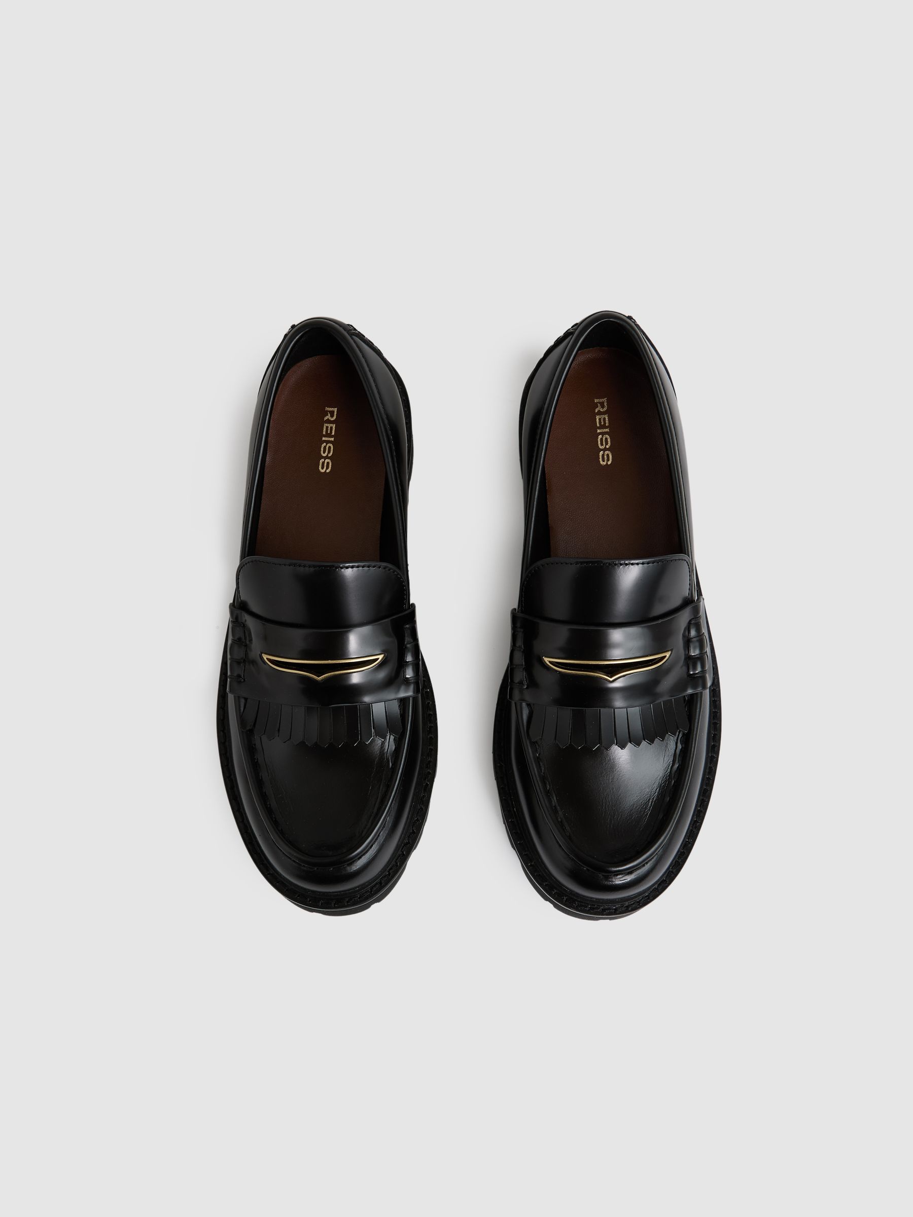 Leather Fringed Chunky Penny Loafers in Black - Image 3 of 6