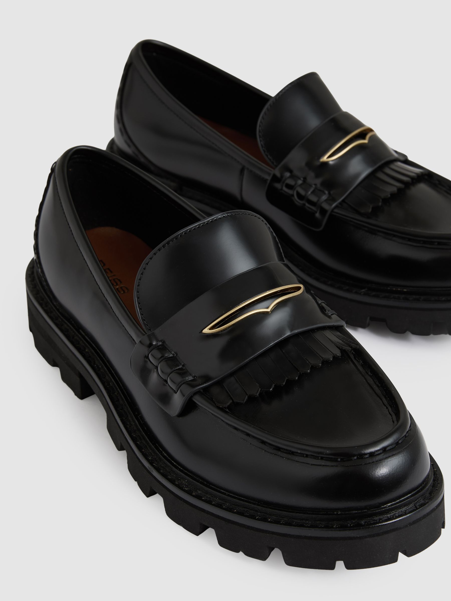 Leather Fringed Chunky Penny Loafers in Black - image 3
