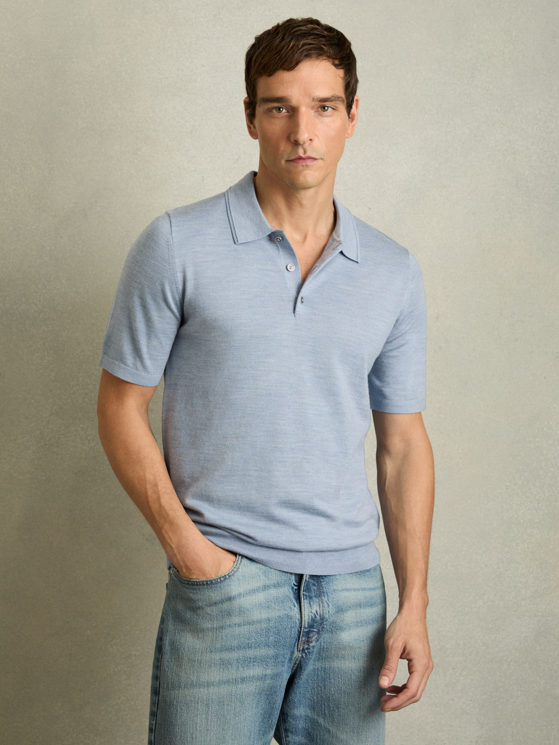 Merino Wool Short-Sleeve Polo Shirt in Soft Blue - Image 1 of 6