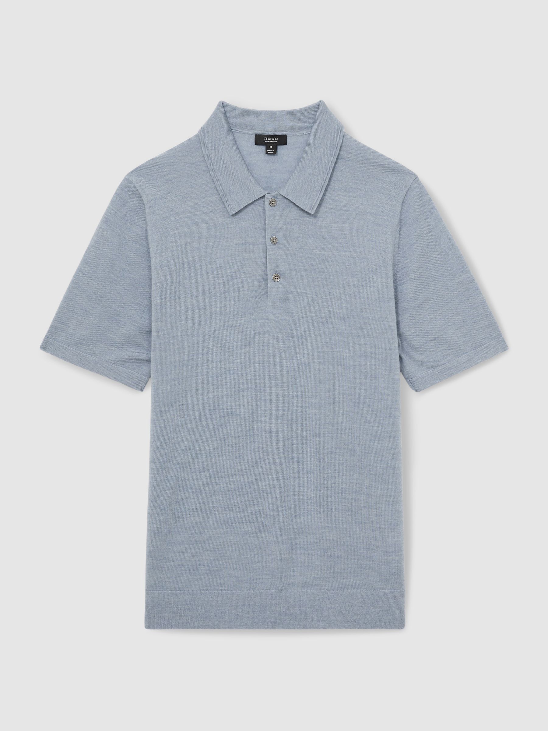Merino Wool Short-Sleeve Polo Shirt in Soft Blue - Image 2 of 6