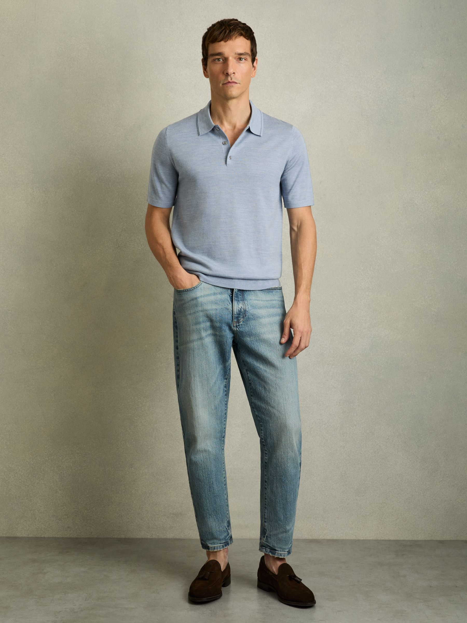 Merino Wool Short-Sleeve Polo Shirt in Soft Blue - Image 3 of 6