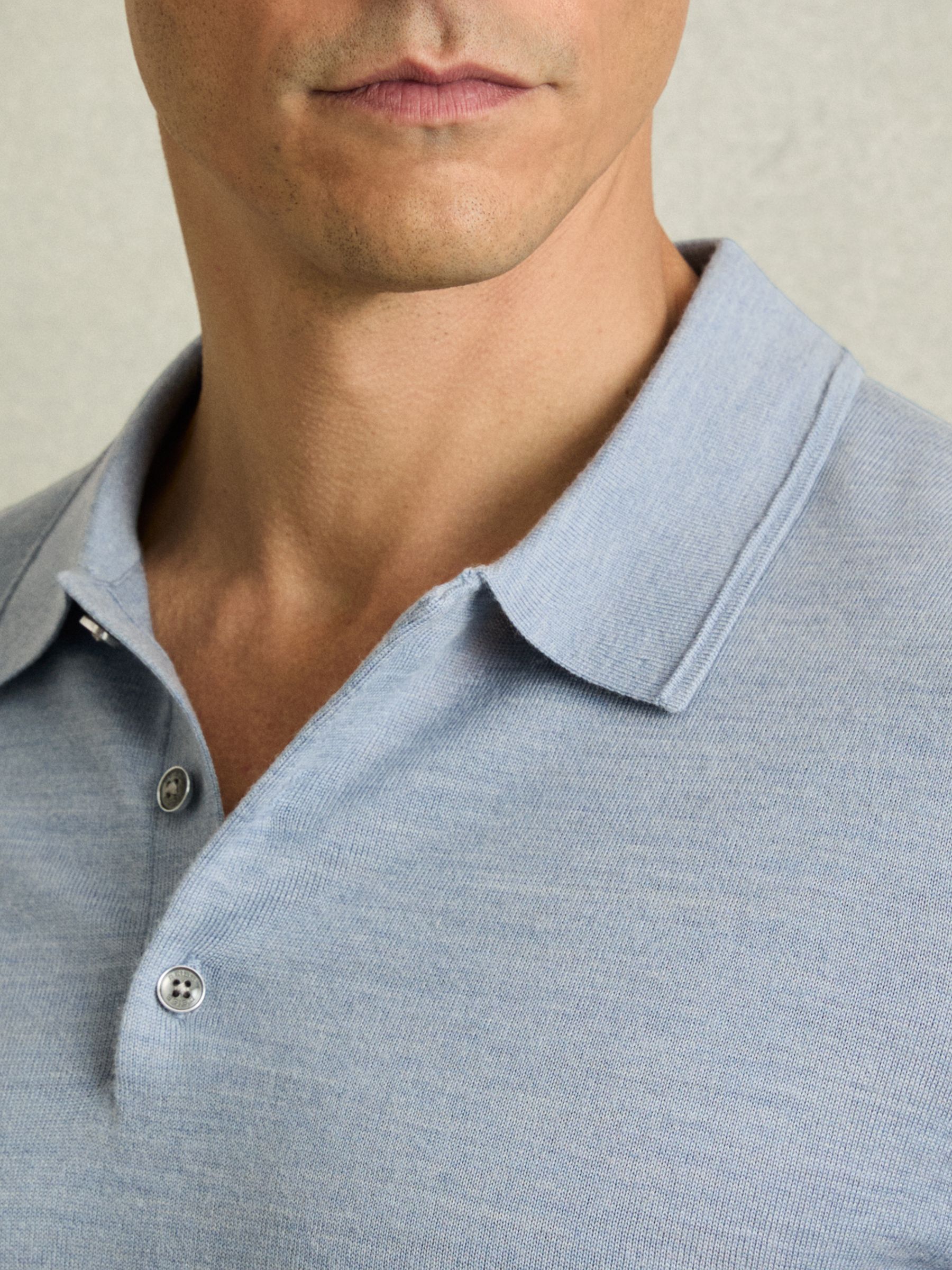 Merino Wool Short-Sleeve Polo Shirt in Soft Blue - Image 4 of 6