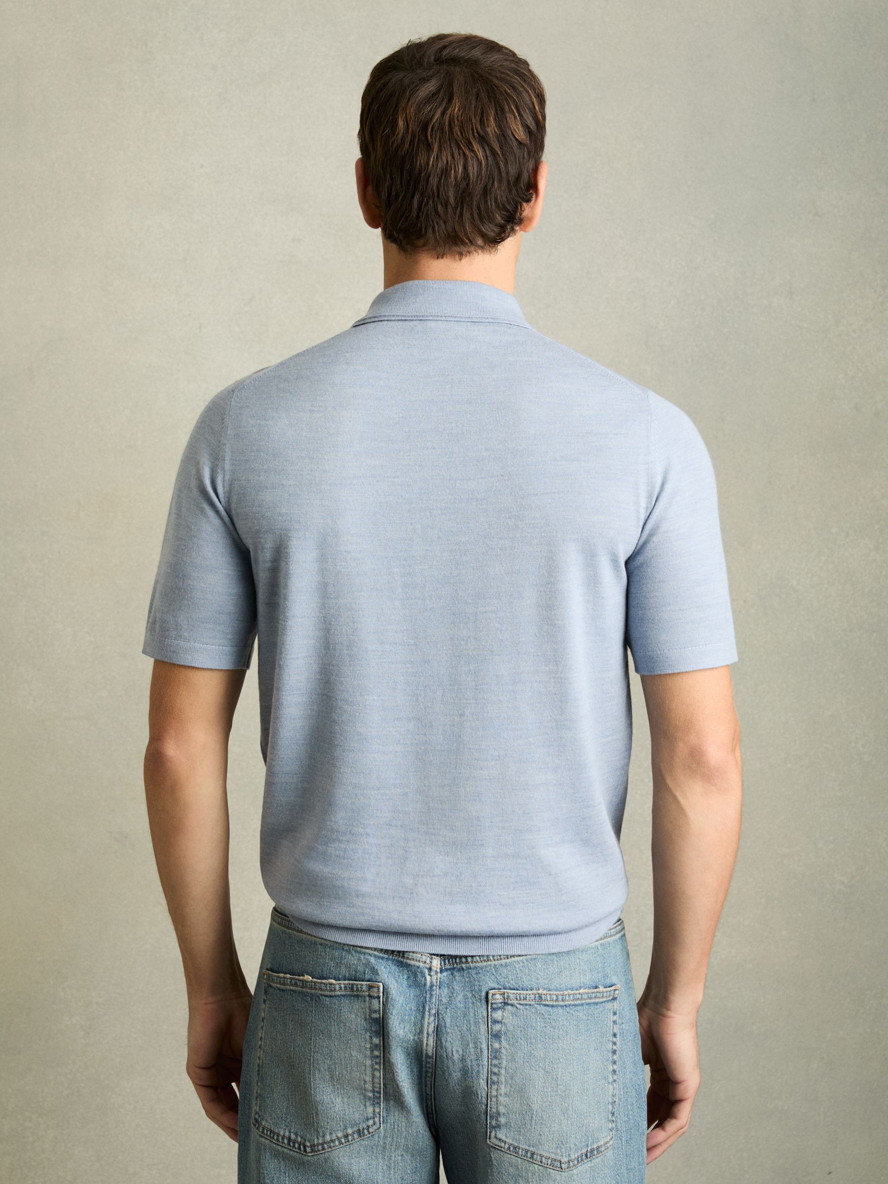Merino Wool Short-Sleeve Polo Shirt in Soft Blue - Image 5 of 6